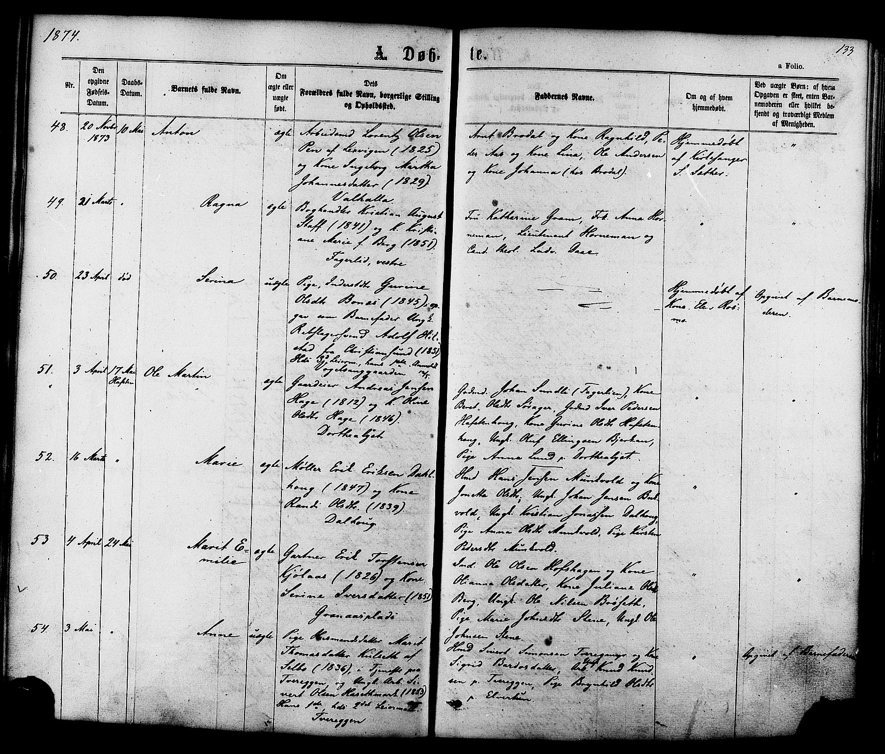 Ministerialprotokoller, klokkerbøker og fødselsregistre - Sør-Trøndelag, SAT/A-1456/606/L0293: Ministerialbok nr. 606A08, 1866-1877, s. 133