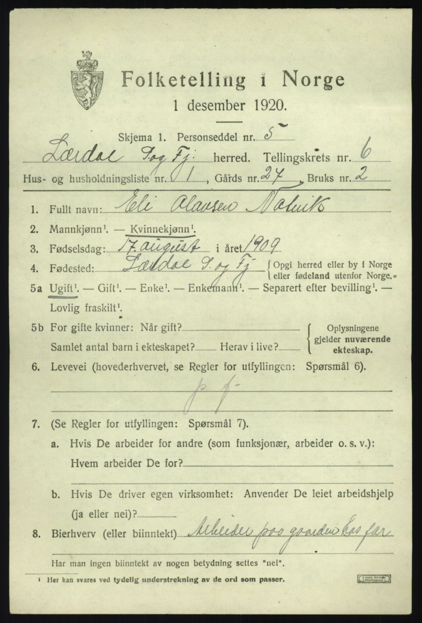 SAB, Folketelling 1920 for 1422 Lærdal herred, 1920, s. 2700