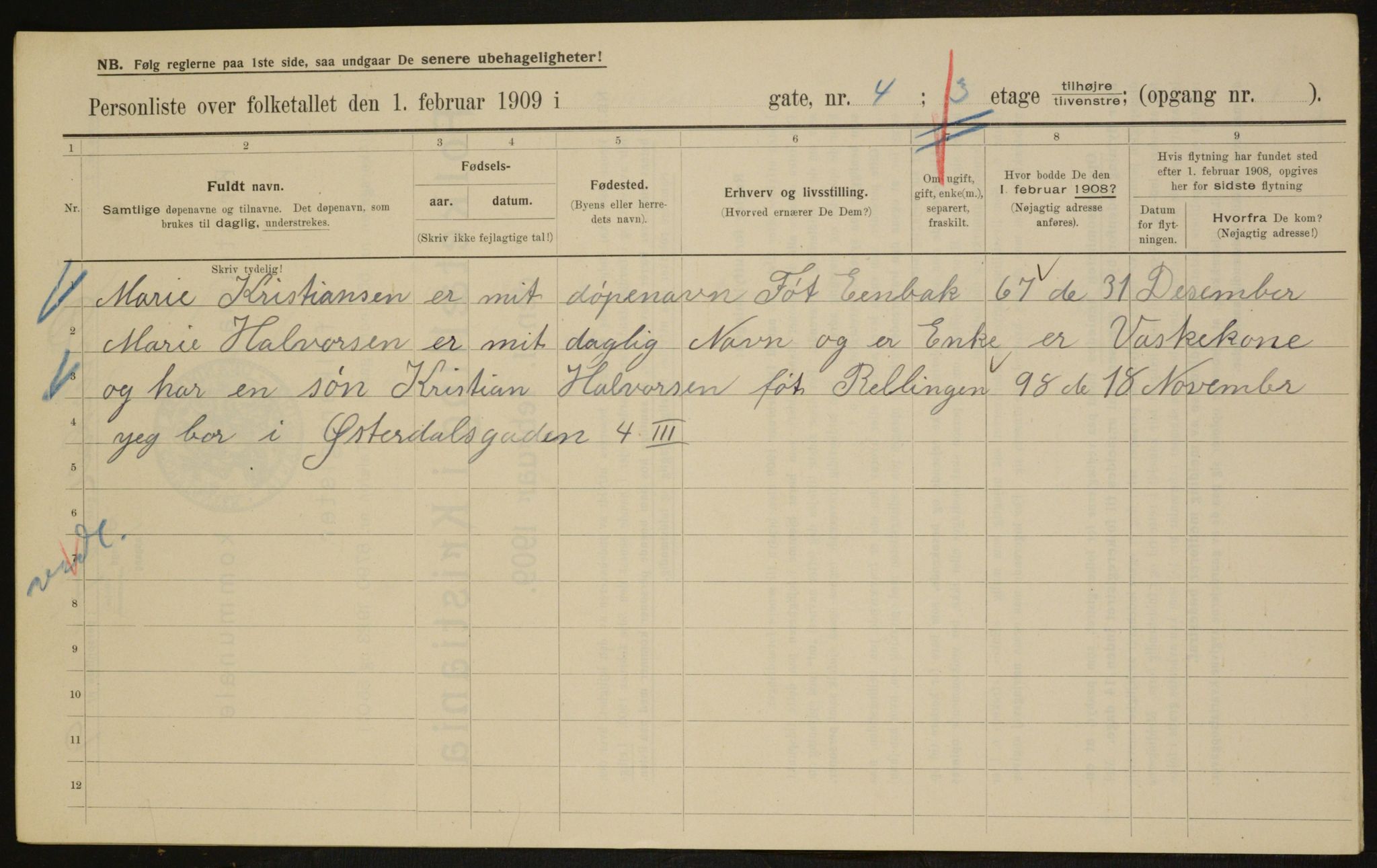 OBA, Kommunal folketelling 1.2.1909 for Kristiania kjøpstad, 1909, s. 117101