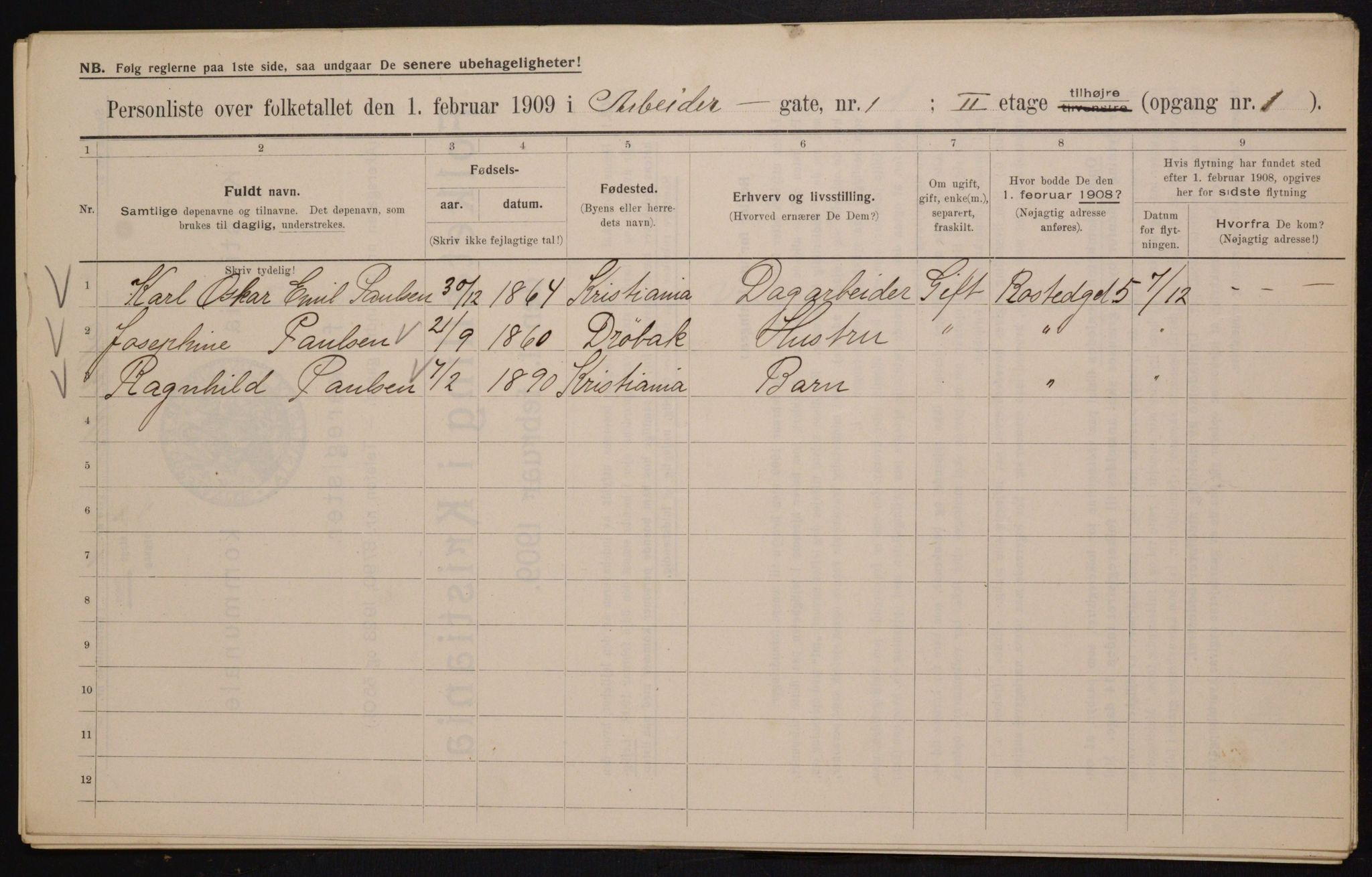OBA, Kommunal folketelling 1.2.1909 for Kristiania kjøpstad, 1909, s. 1415