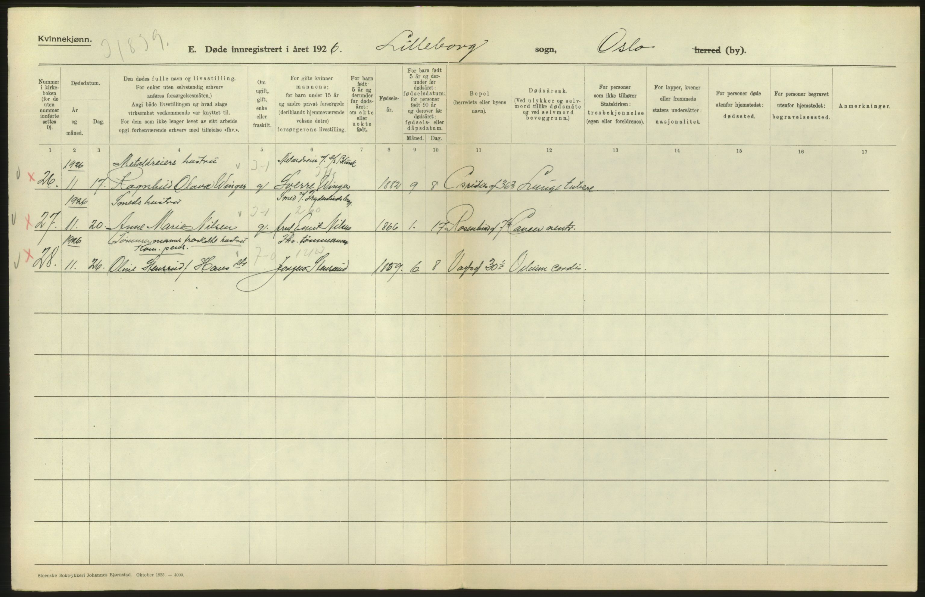 Statistisk sentralbyrå, Sosiodemografiske emner, Befolkning, RA/S-2228/D/Df/Dfc/Dfcf/L0010: Oslo: Døde kvinner, dødfødte, 1926, s. 598