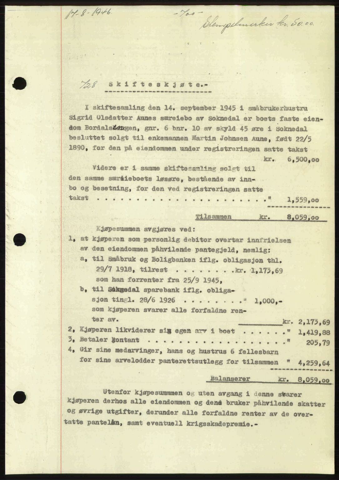 Gauldal sorenskriveri, SAT/A-0014/1/2/2C: Pantebok nr. A2, 1946-1946, Dagboknr: 728/1946