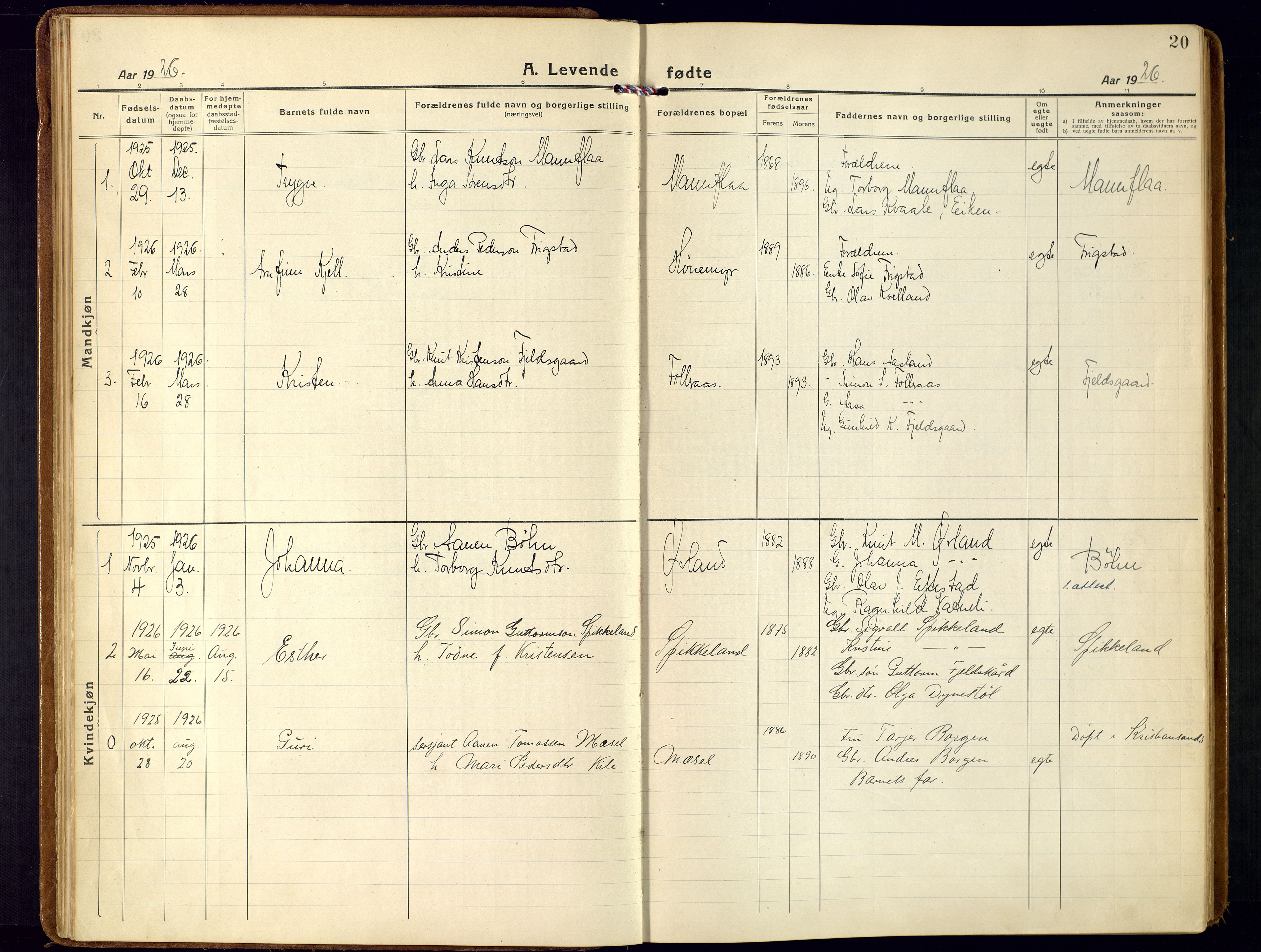 Bjelland sokneprestkontor, AV/SAK-1111-0005/F/Fa/Fab/L0005: Ministerialbok nr. A 5, 1921-1951, s. 20