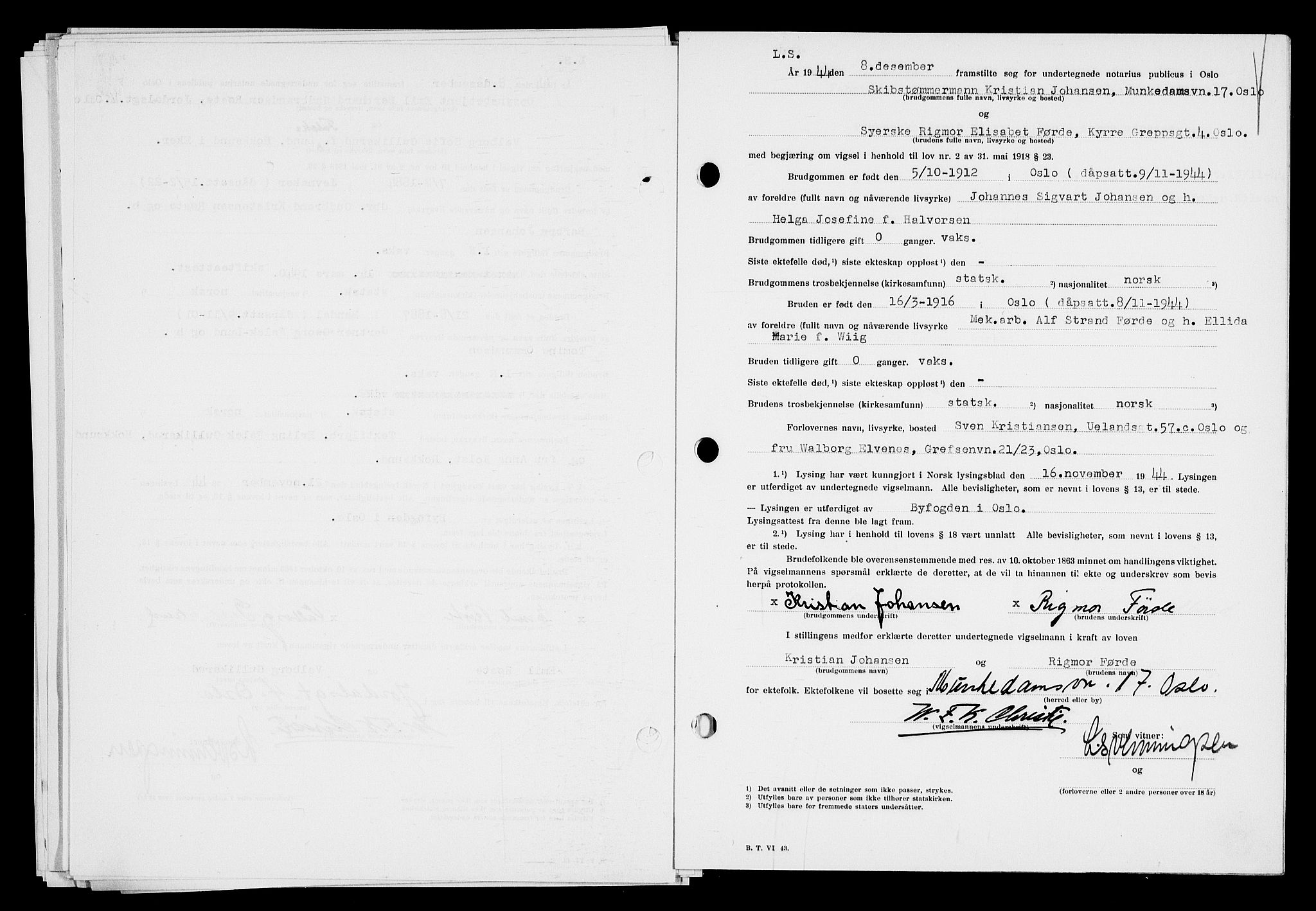 Oslo byfogd avd. I, SAO/A-10220/L/Lb/Lbb/L0051: Notarialprotokoll, rekke II: Vigsler, 1944