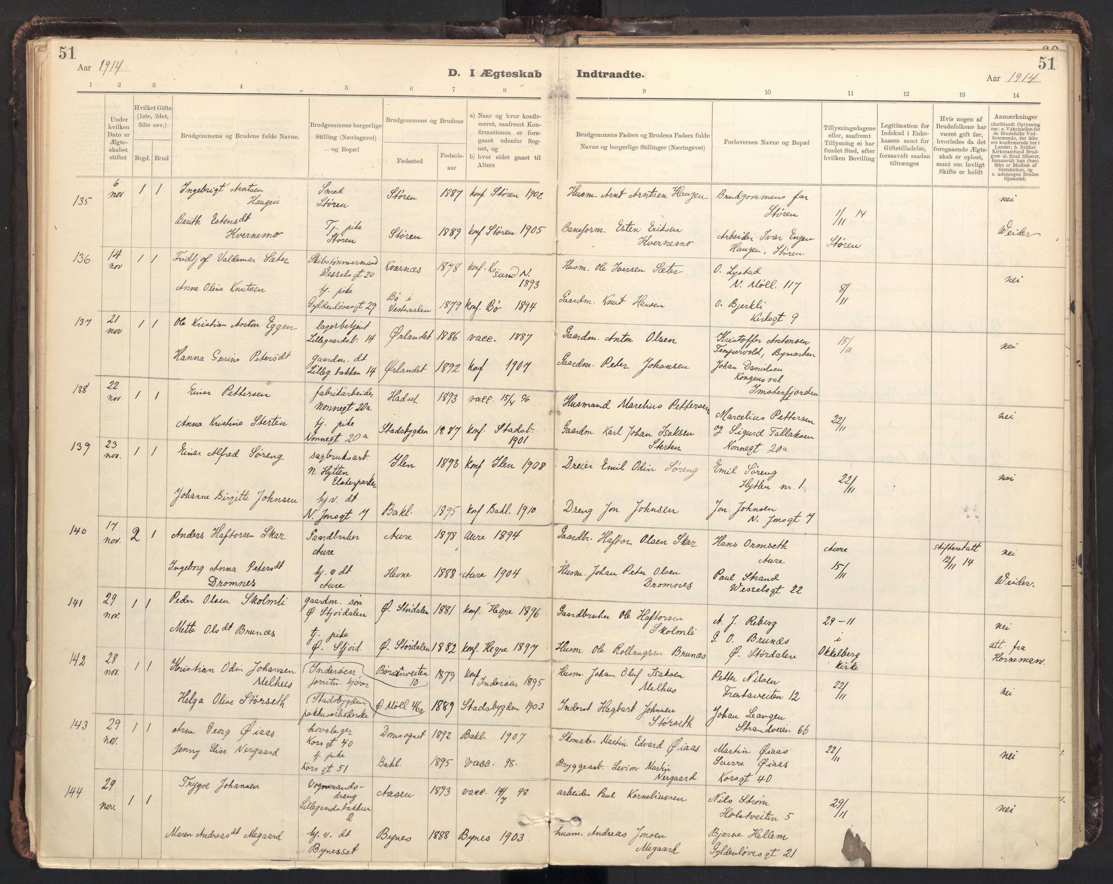 Ministerialprotokoller, klokkerbøker og fødselsregistre - Sør-Trøndelag, AV/SAT-A-1456/604/L0204: Ministerialbok nr. 604A24, 1911-1920, s. 51
