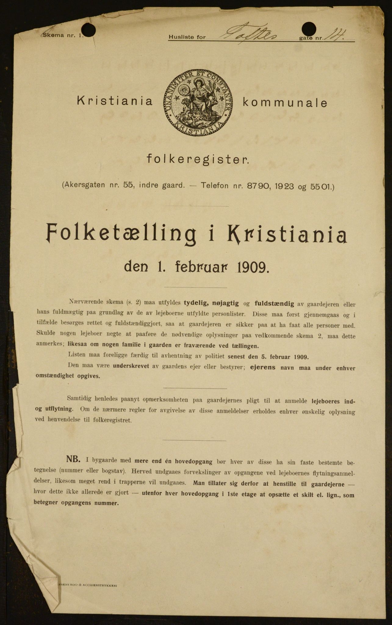 OBA, Kommunal folketelling 1.2.1909 for Kristiania kjøpstad, 1909, s. 101087