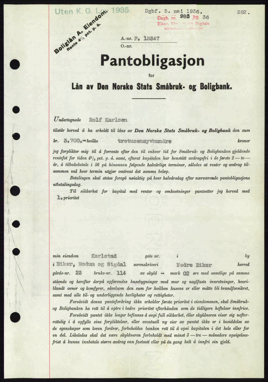 Eiker, Modum og Sigdal sorenskriveri, SAKO/A-123/G/Ga/Gab/L0032: Pantebok nr. A2, 1936-1936, Dagboknr: 983/1936