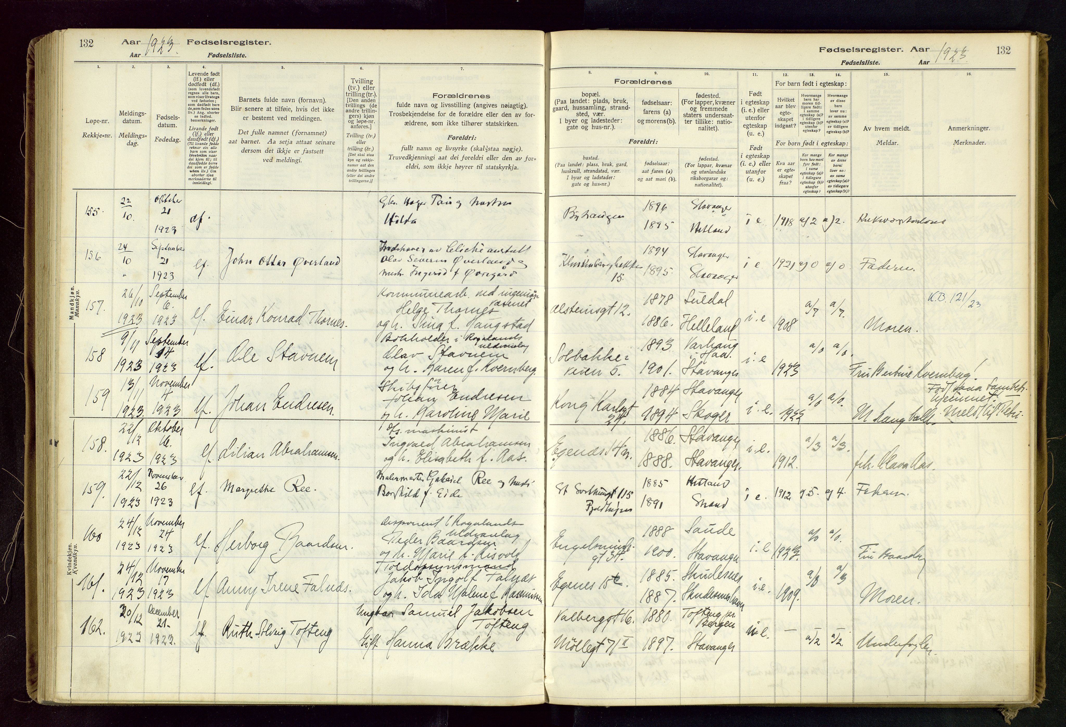 Domkirken sokneprestkontor, SAST/A-101812/002/B/L0002: Fødselsregister nr. 2, 1920-1925, s. 132