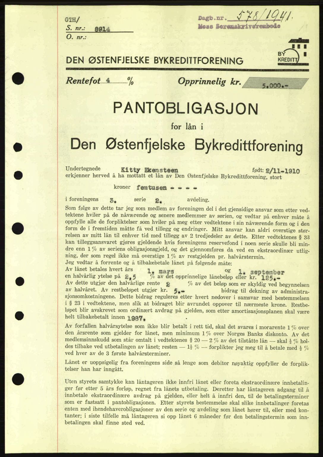 Moss sorenskriveri, SAO/A-10168: Pantebok nr. B10, 1940-1941, Dagboknr: 578/1941