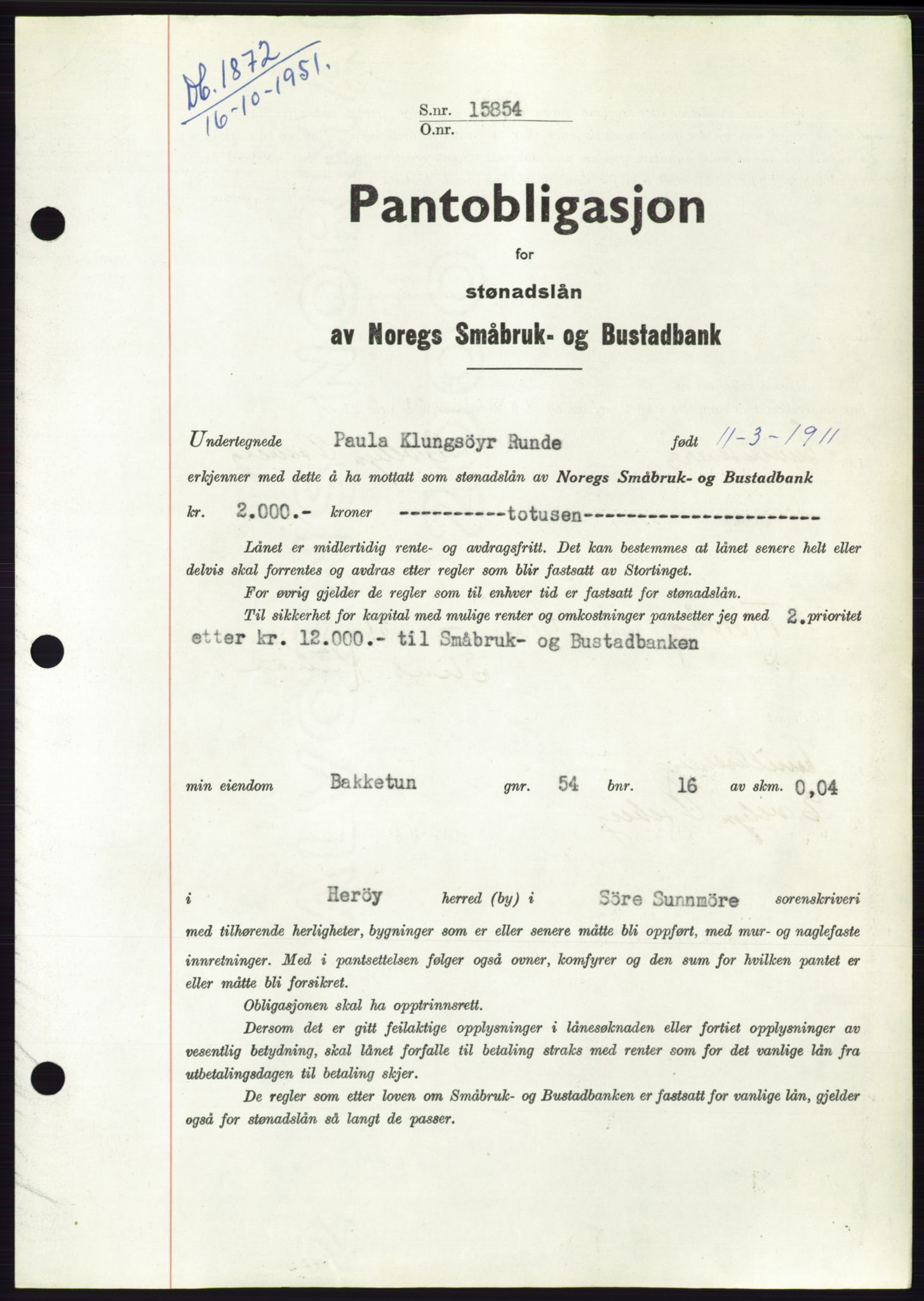 Søre Sunnmøre sorenskriveri, SAT/A-4122/1/2/2C/L0120: Pantebok nr. 8B, 1951-1951, Dagboknr: 1872/1951