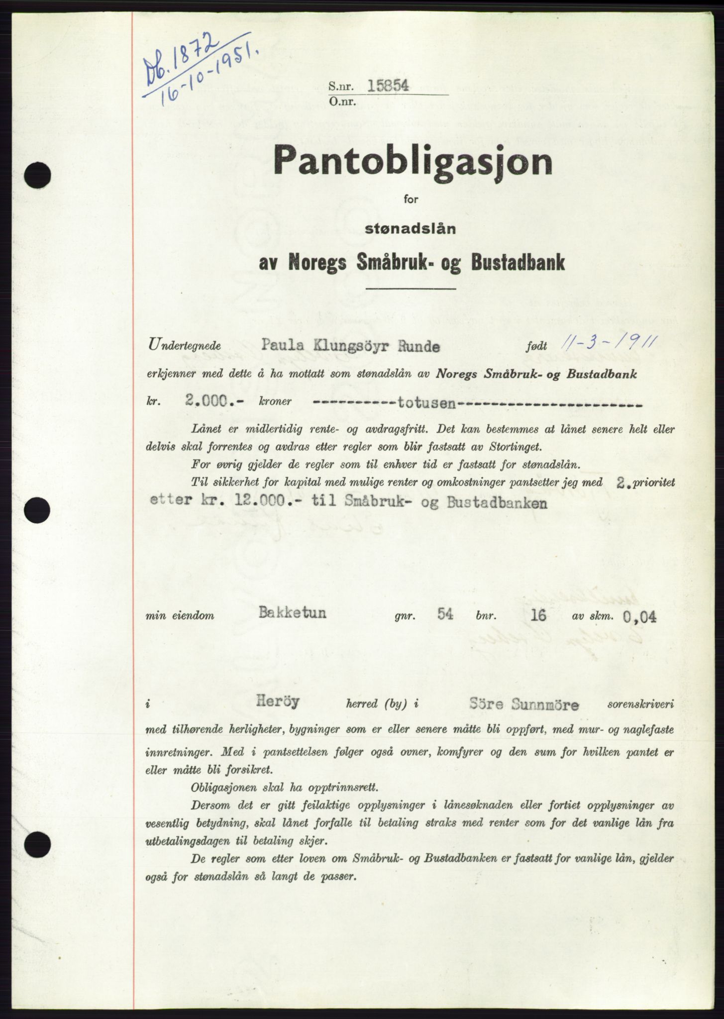 Søre Sunnmøre sorenskriveri, AV/SAT-A-4122/1/2/2C/L0120: Pantebok nr. 8B, 1951-1951, Dagboknr: 1872/1951