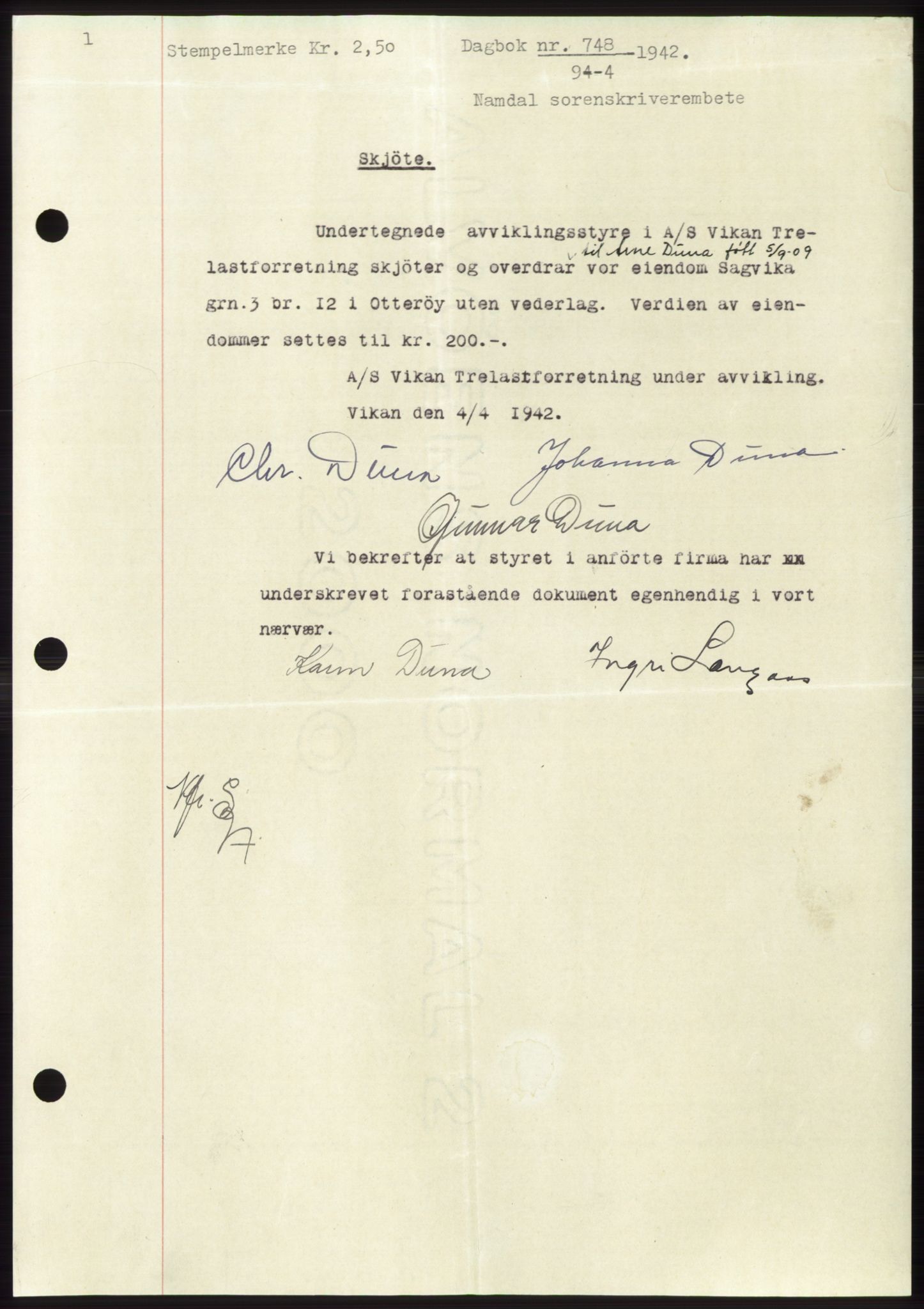 Namdal sorenskriveri, SAT/A-4133/1/2/2C: Pantebok nr. -, 1941-1942, Dagboknr: 748/1942