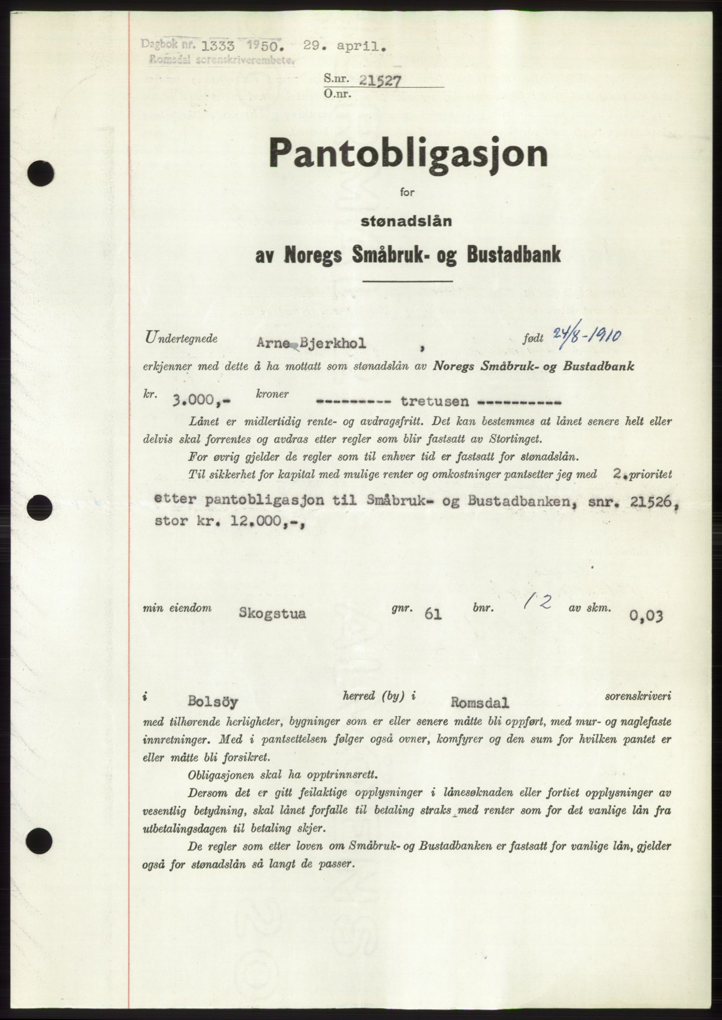 Romsdal sorenskriveri, AV/SAT-A-4149/1/2/2C: Pantebok nr. B5, 1949-1950, Dagboknr: 1333/1950