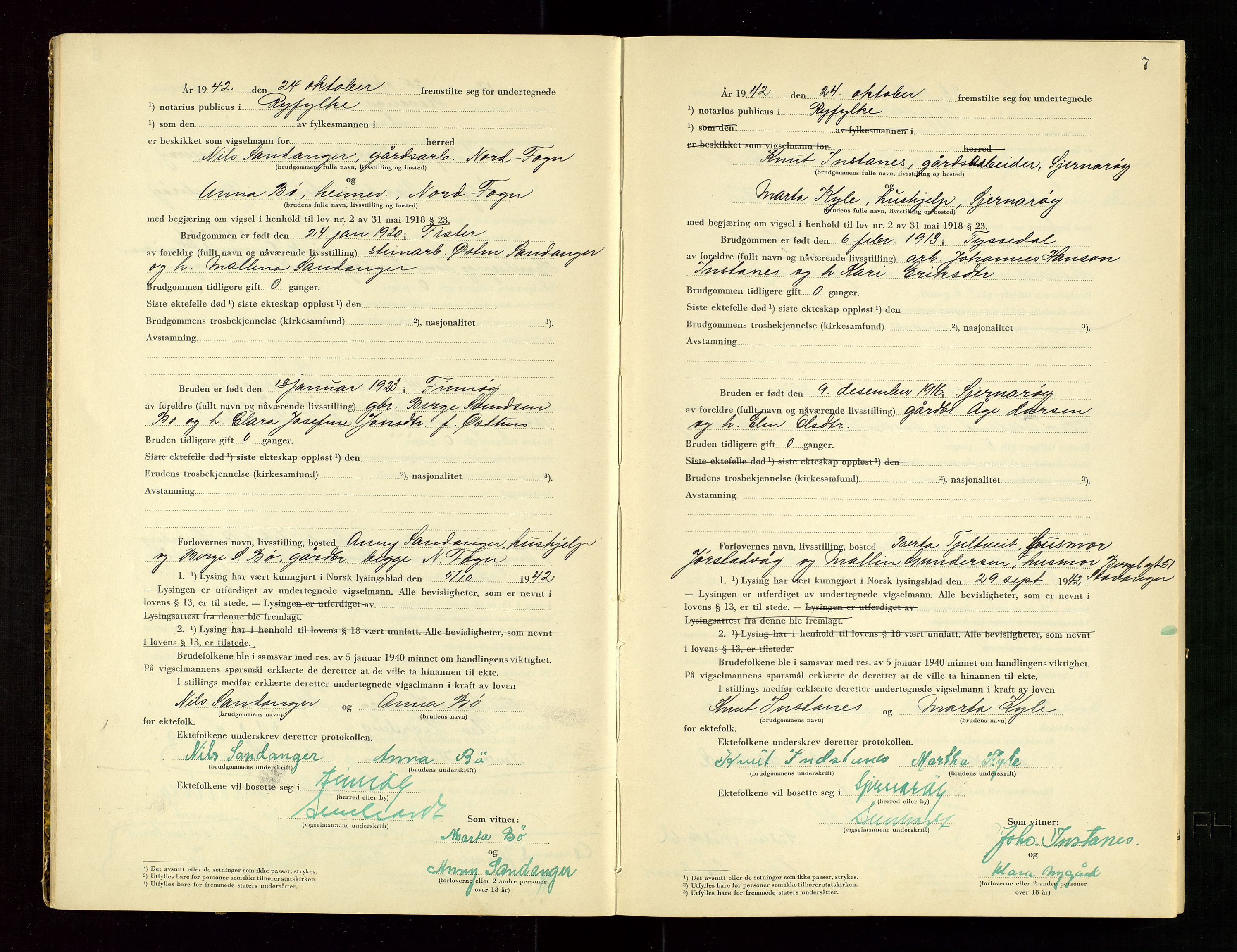 Ryfylke tingrett, AV/SAST-A-100055/001/III/IIIC/L0002: Vigselbok, 1942-1943, s. 7