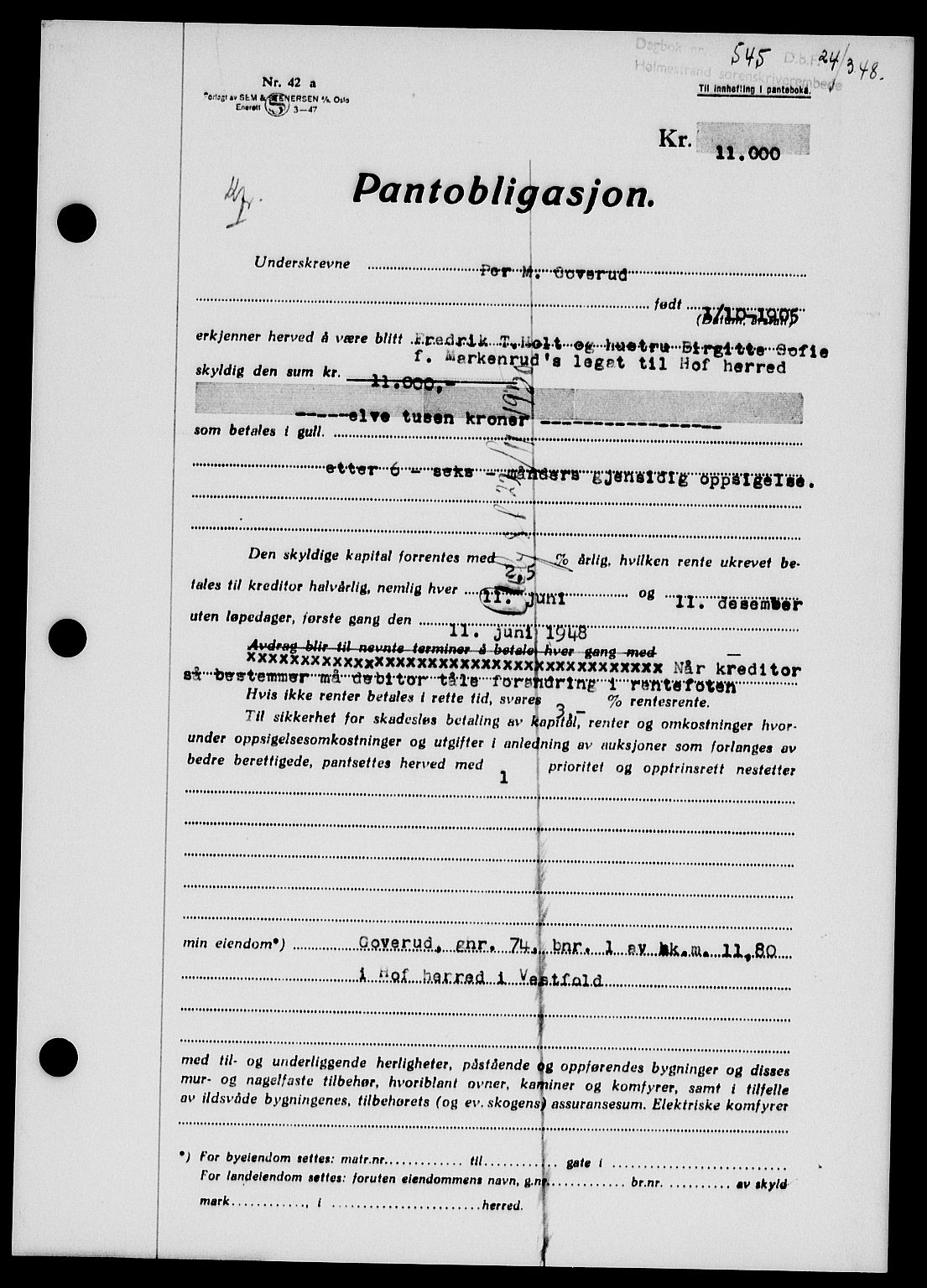 Holmestrand sorenskriveri, SAKO/A-67/G/Ga/Gab/L0058: Pantebok nr. B-58, 1947-1948, Dagboknr: 545/1948