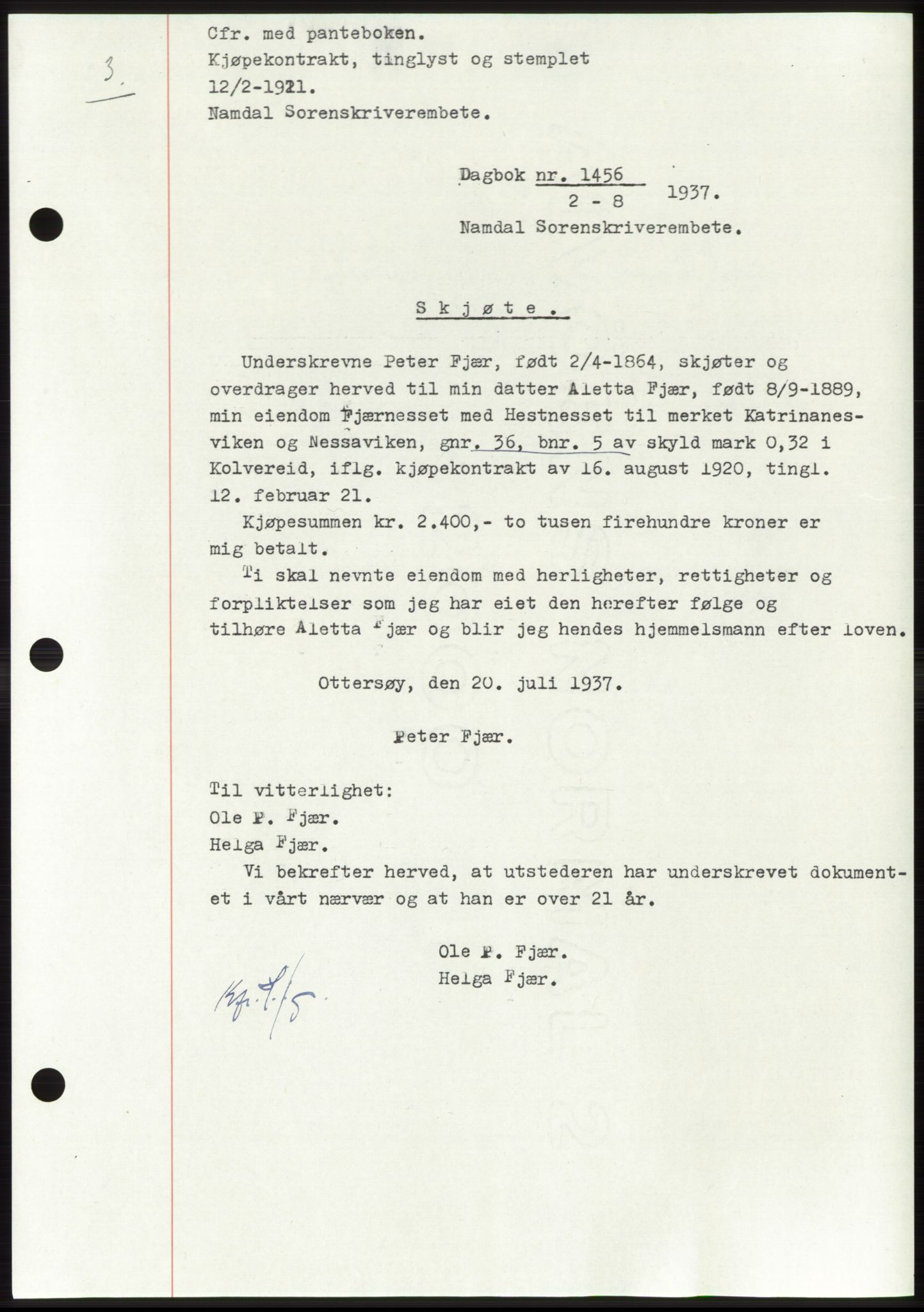Namdal sorenskriveri, SAT/A-4133/1/2/2C: Pantebok nr. -, 1937-1939, Tingl.dato: 02.08.1937