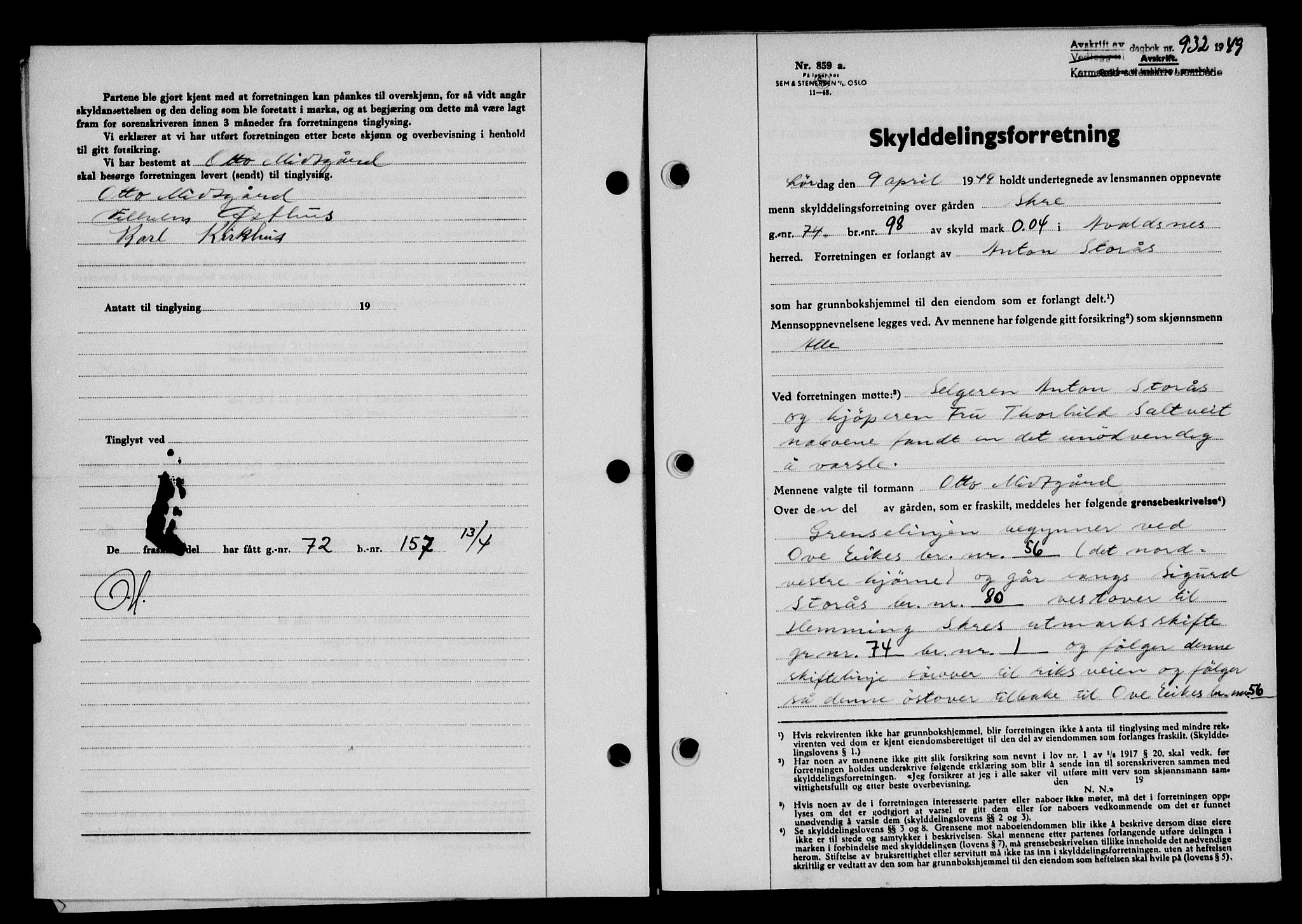 Karmsund sorenskriveri, SAST/A-100311/01/II/IIB/L0095: Pantebok nr. 75A, 1948-1949, Dagboknr: 932/1949