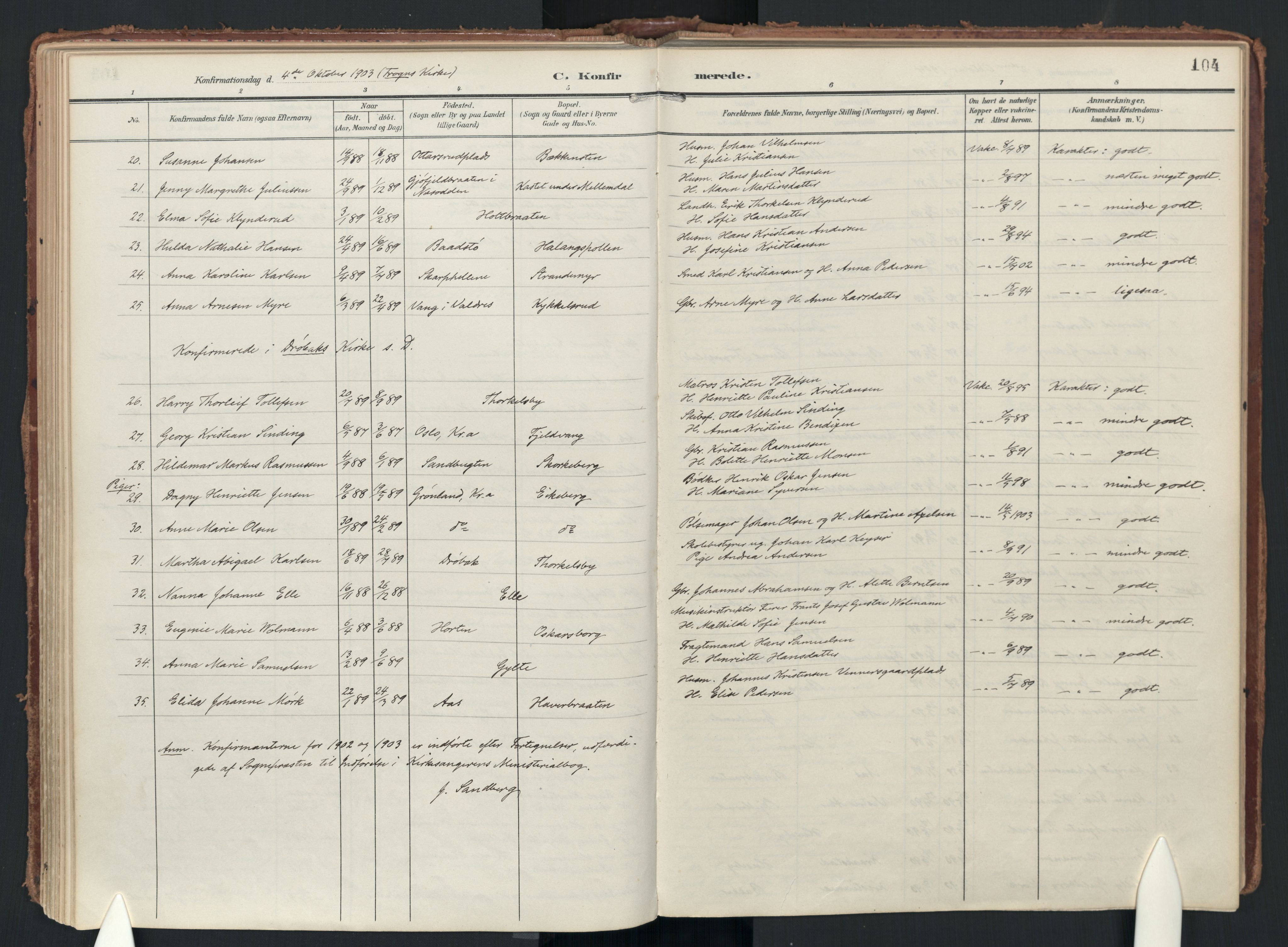 Drøbak prestekontor Kirkebøker, AV/SAO-A-10142a/F/Fc/L0003: Ministerialbok nr. III 3, 1901-1920, s. 104