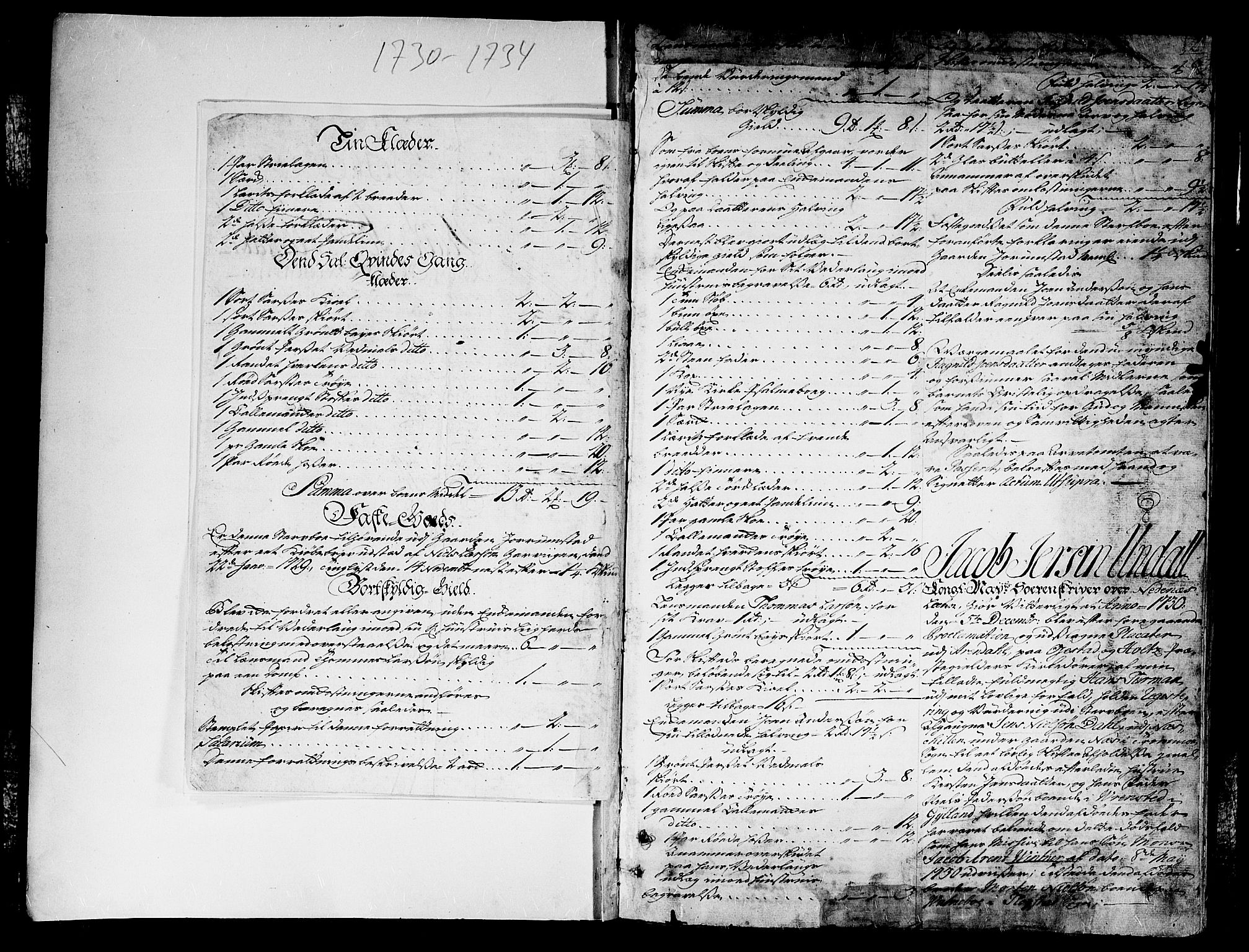 Nedenes sorenskriveri før 1824, SAK/1221-0007/H/Hc/L0015: Skifteprotokoll med register nr 12a, 1730-1734, s. 1b-2a