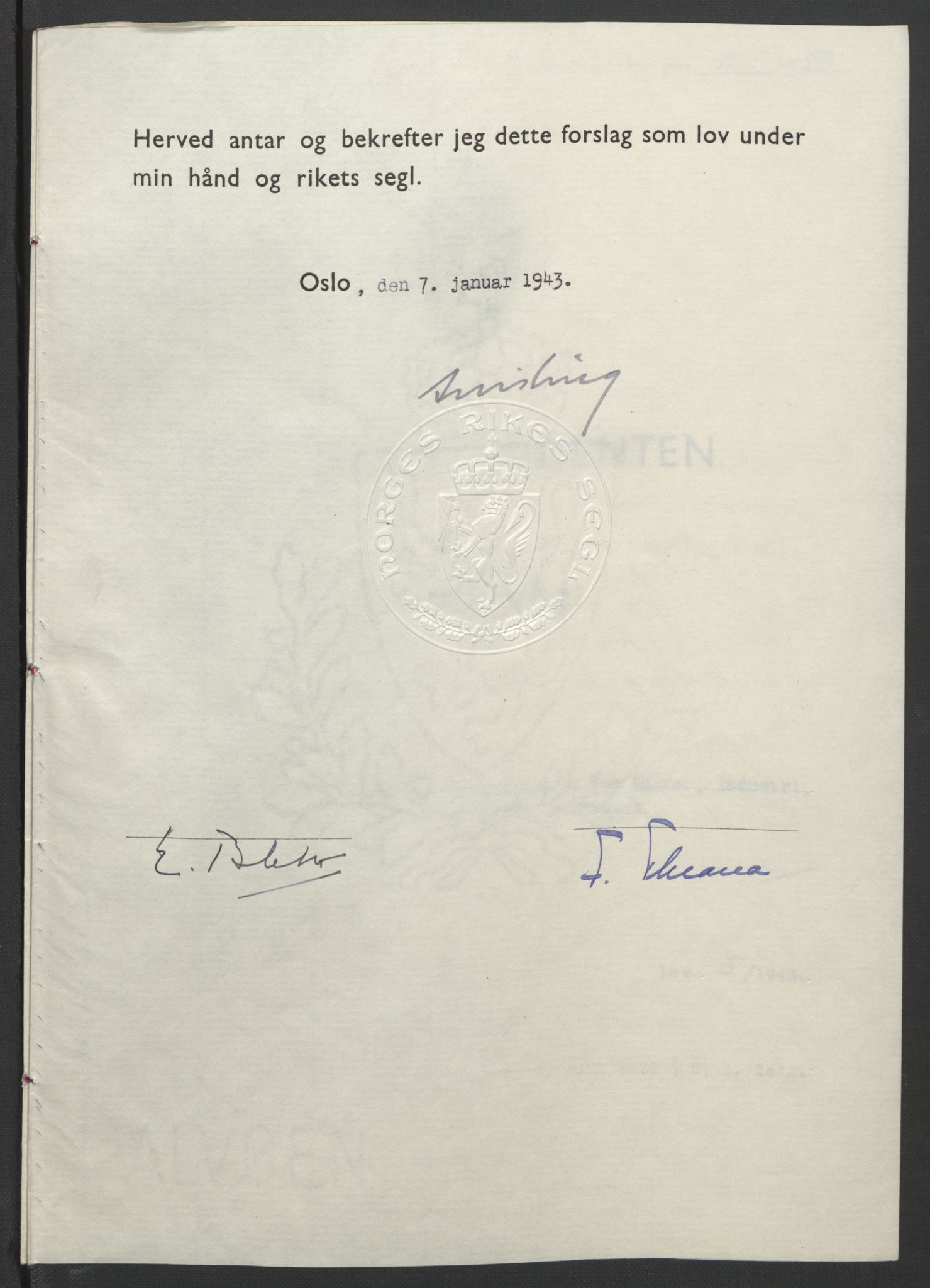 NS-administrasjonen 1940-1945 (Statsrådsekretariatet, de kommisariske statsråder mm), RA/S-4279/D/Db/L0099: Lover, 1943, s. 25