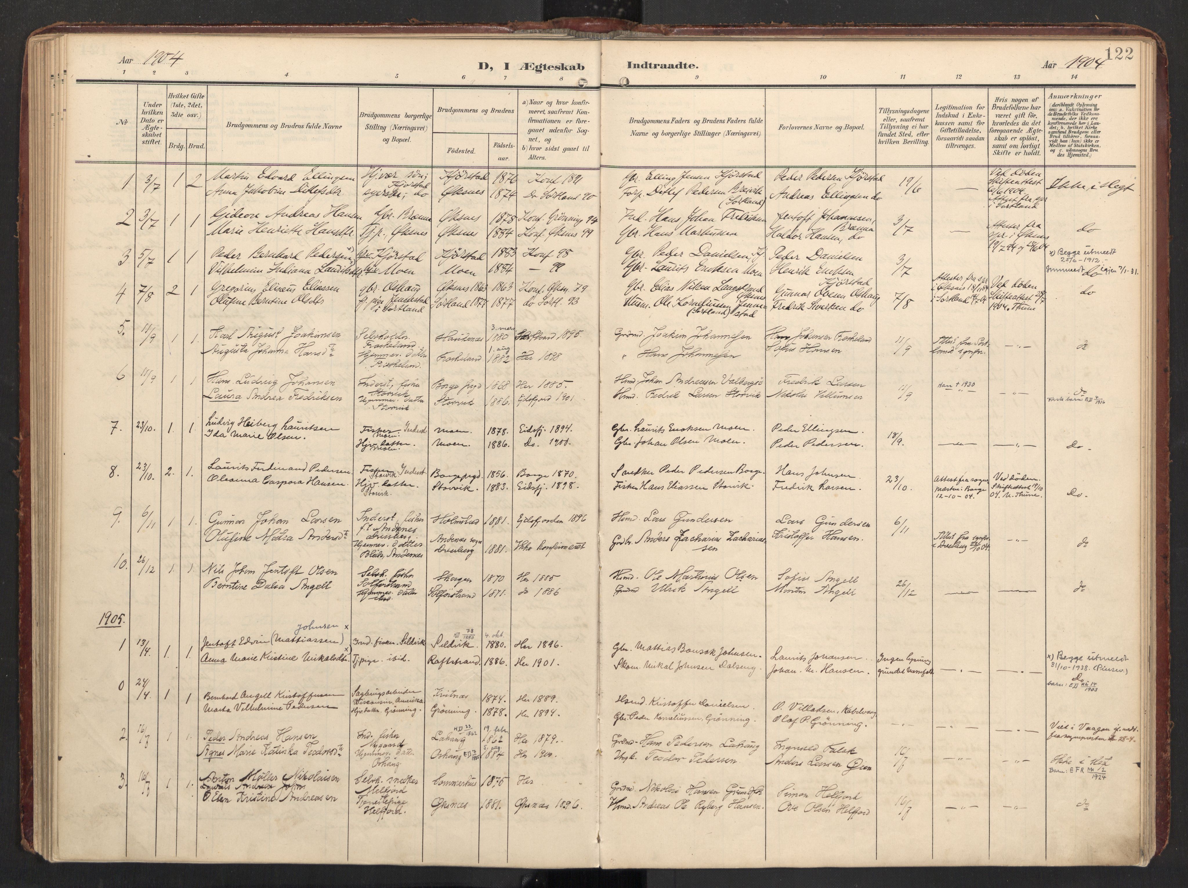 Ministerialprotokoller, klokkerbøker og fødselsregistre - Nordland, AV/SAT-A-1459/890/L1287: Ministerialbok nr. 890A02, 1903-1915, s. 122