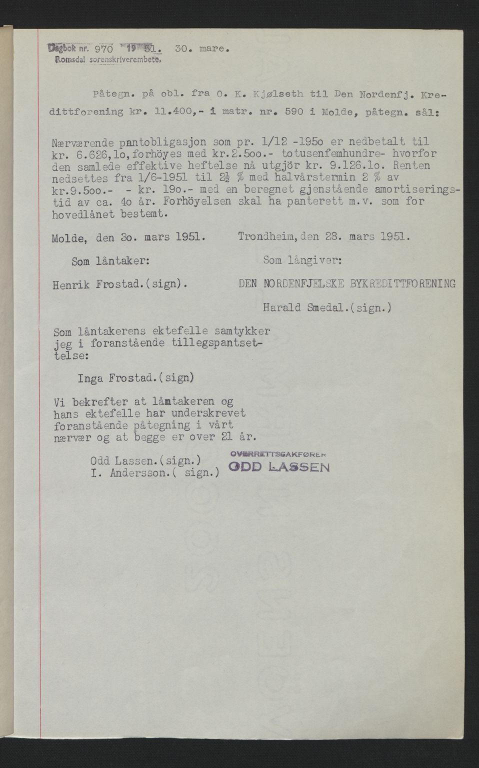 Romsdal sorenskriveri, SAT/A-4149/1/2/2C: Pantebok nr. B1, 1936-1939, Dagboknr: 970/1951