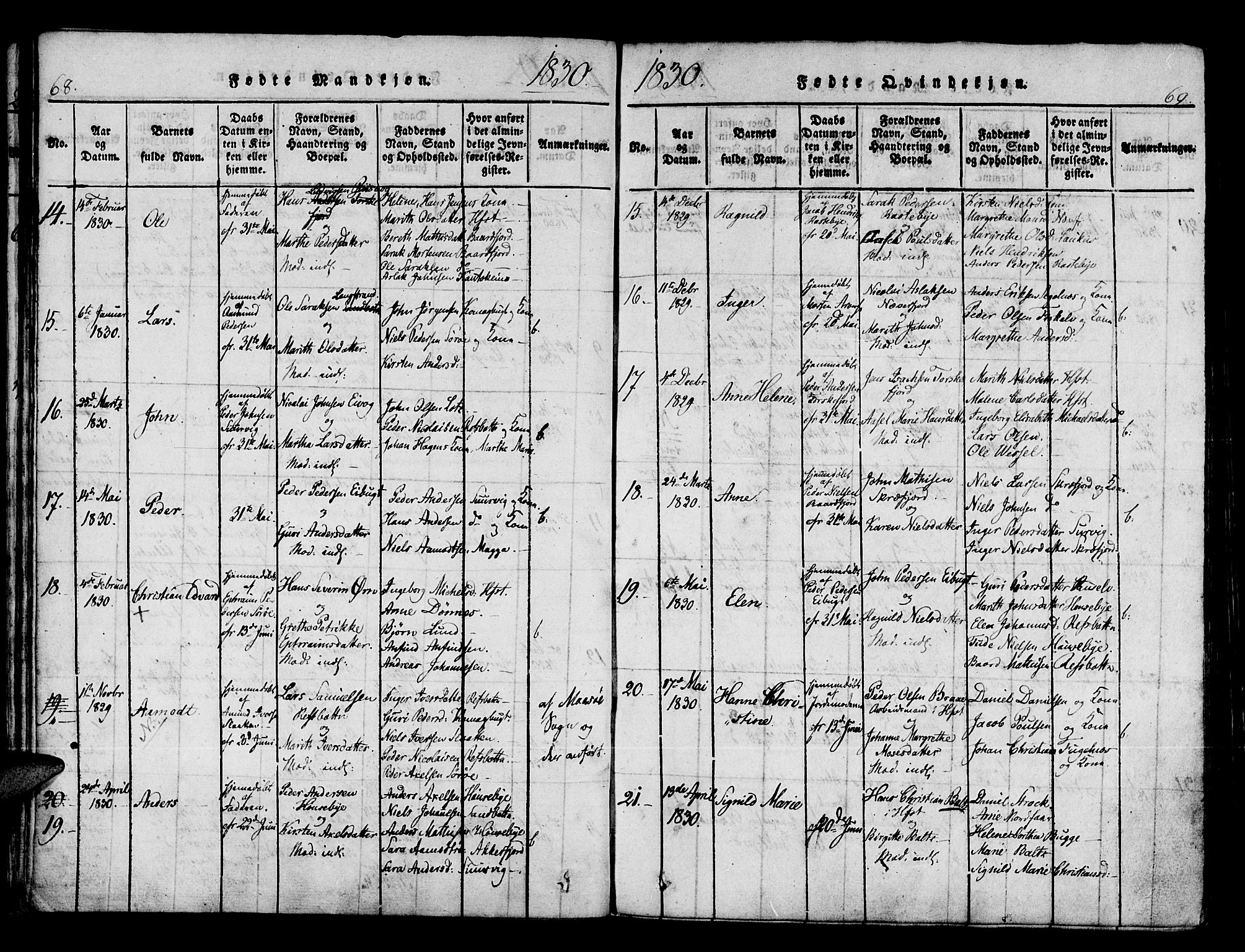 Hammerfest sokneprestkontor, AV/SATØ-S-1347/H/Ha/L0003.kirke: Ministerialbok nr. 3, 1821-1842, s. 68-69