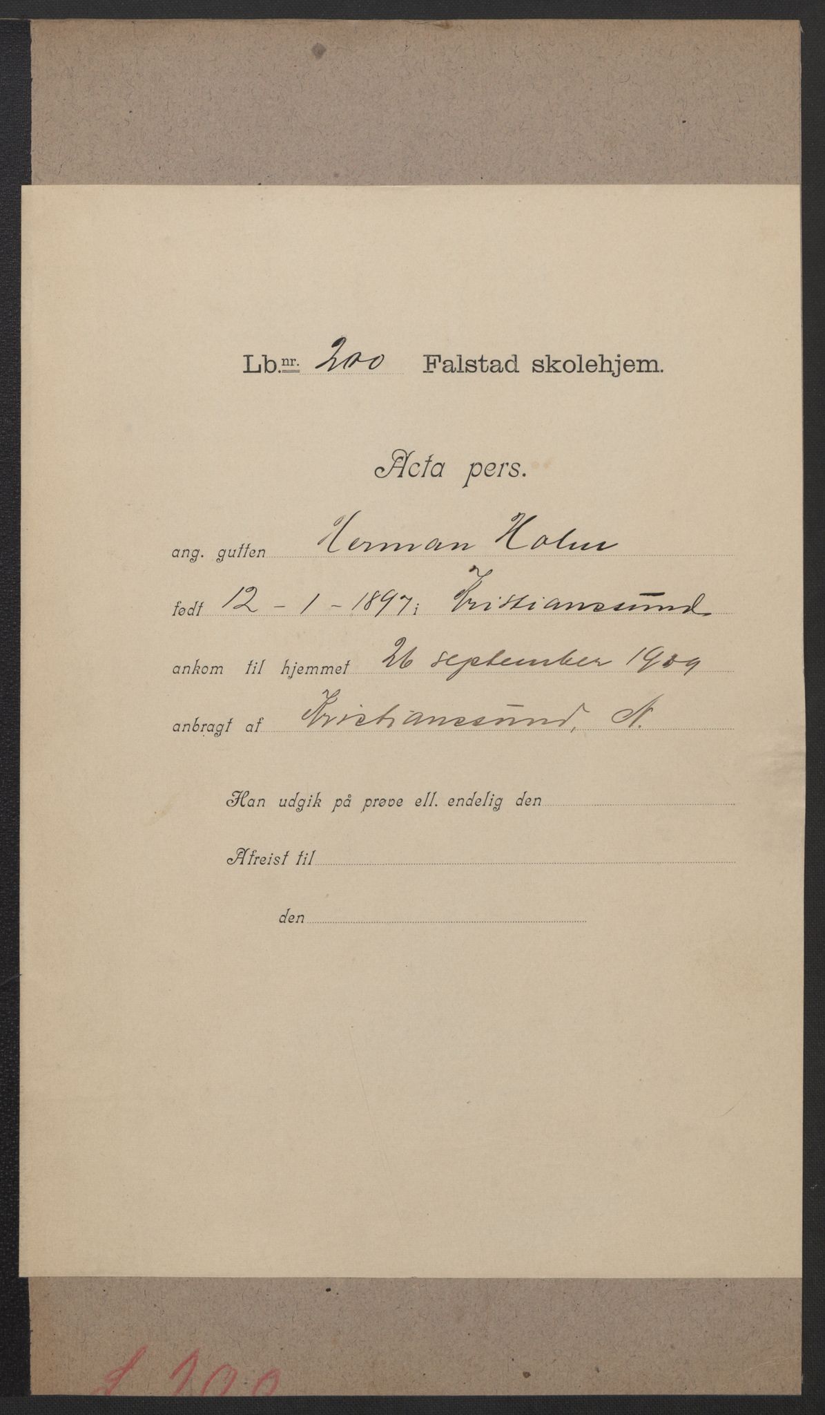 Falstad skolehjem, AV/RA-S-1676/E/Eb/L0009: Elevmapper løpenr. 189-209, 1909-1916, s. 236