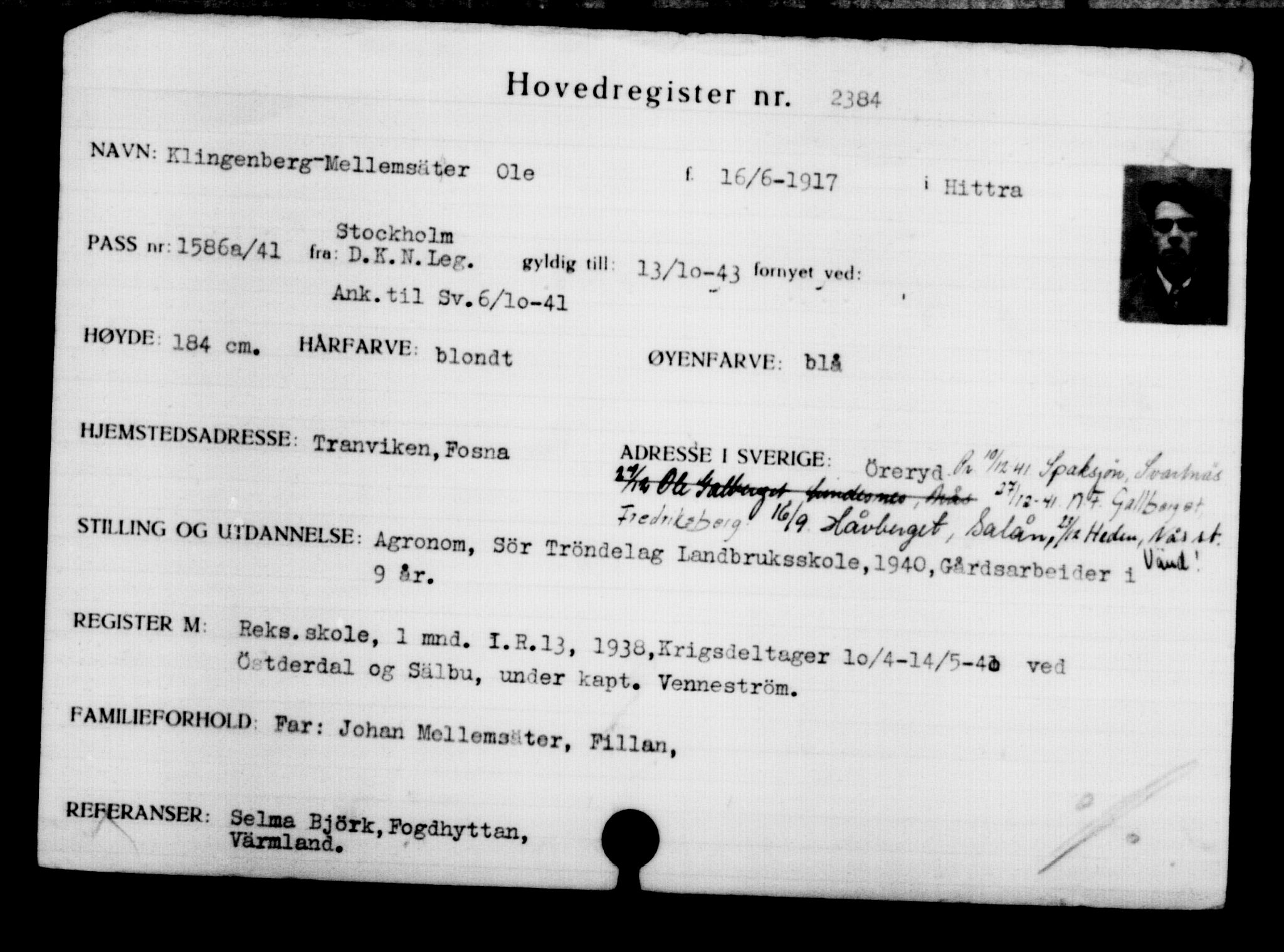 Utenriksstasjonene, Legasjonen i Stockholm, Flyktningkontoret, AV/RA-S-6753/V/Va/L0003: Kjesäterkartoteket, flyktninger med registreringsnr. 2001-3495, 1940-1945, s. 540