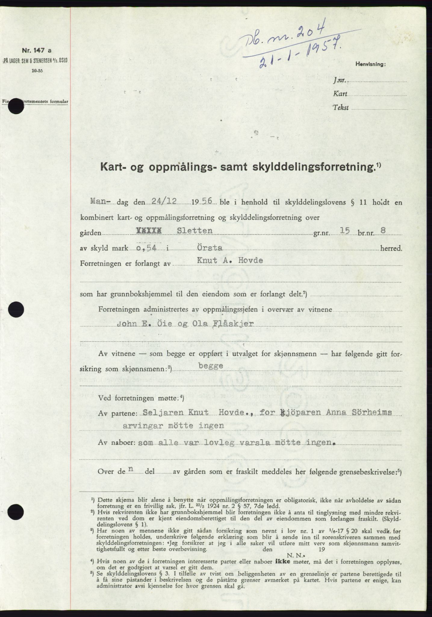 Søre Sunnmøre sorenskriveri, AV/SAT-A-4122/1/2/2C/L0105: Pantebok nr. 31A, 1956-1957, Dagboknr: 204/1957