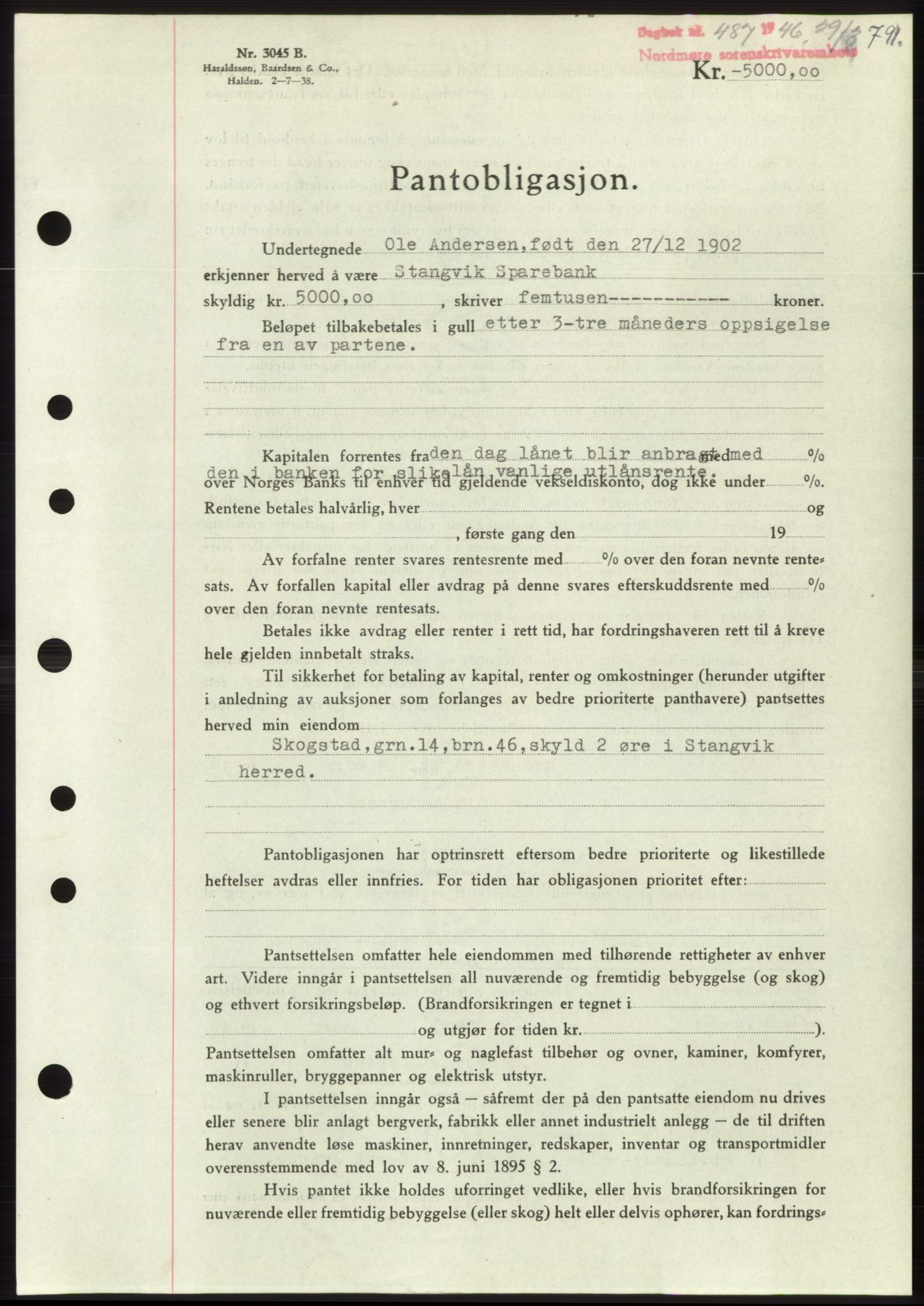 Nordmøre sorenskriveri, SAT/A-4132/1/2/2Ca: Pantebok nr. B93b, 1946-1946, Dagboknr: 487/1946