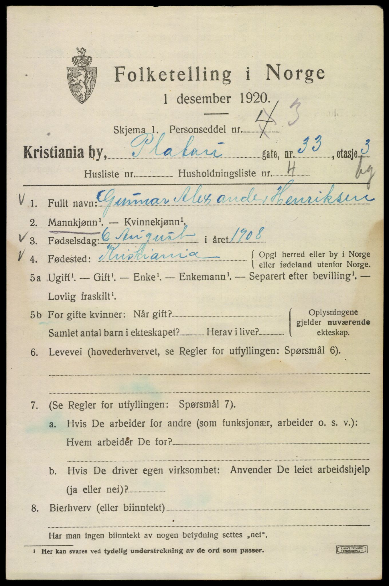 SAO, Folketelling 1920 for 0301 Kristiania kjøpstad, 1920, s. 456225