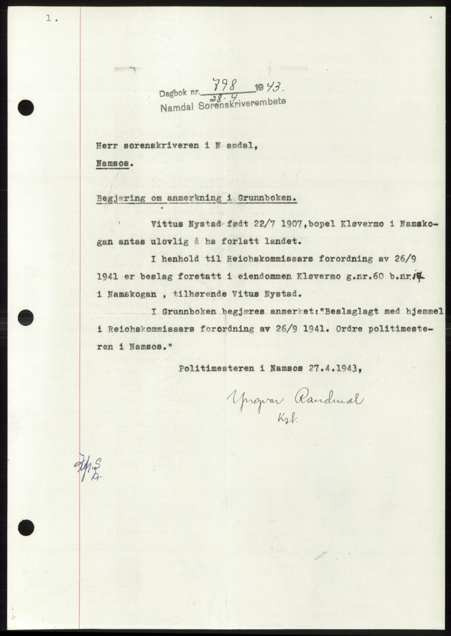 Namdal sorenskriveri, SAT/A-4133/1/2/2C: Pantebok nr. -, 1942-1943, Dagboknr: 798/1943