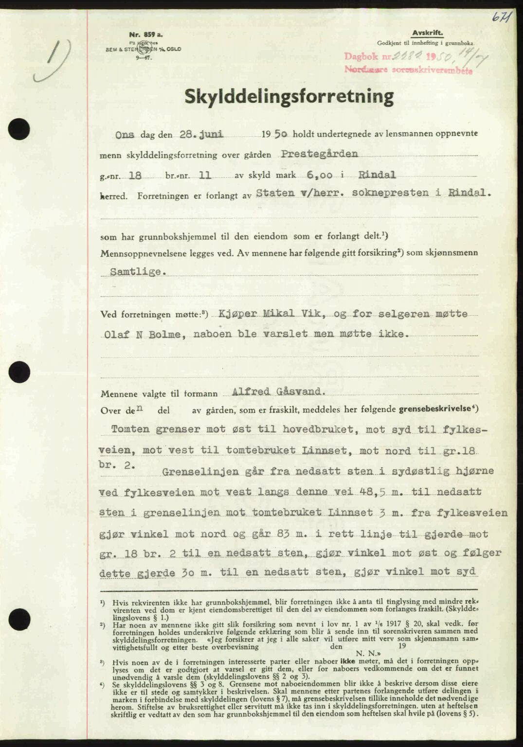 Nordmøre sorenskriveri, SAT/A-4132/1/2/2Ca: Pantebok nr. A115, 1950-1950, Dagboknr: 2282/1950