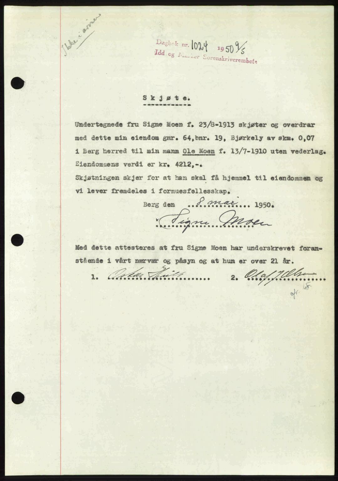 Idd og Marker sorenskriveri, AV/SAO-A-10283/G/Gb/Gbb/L0014: Pantebok nr. A14, 1950-1950, Dagboknr: 1024/1950