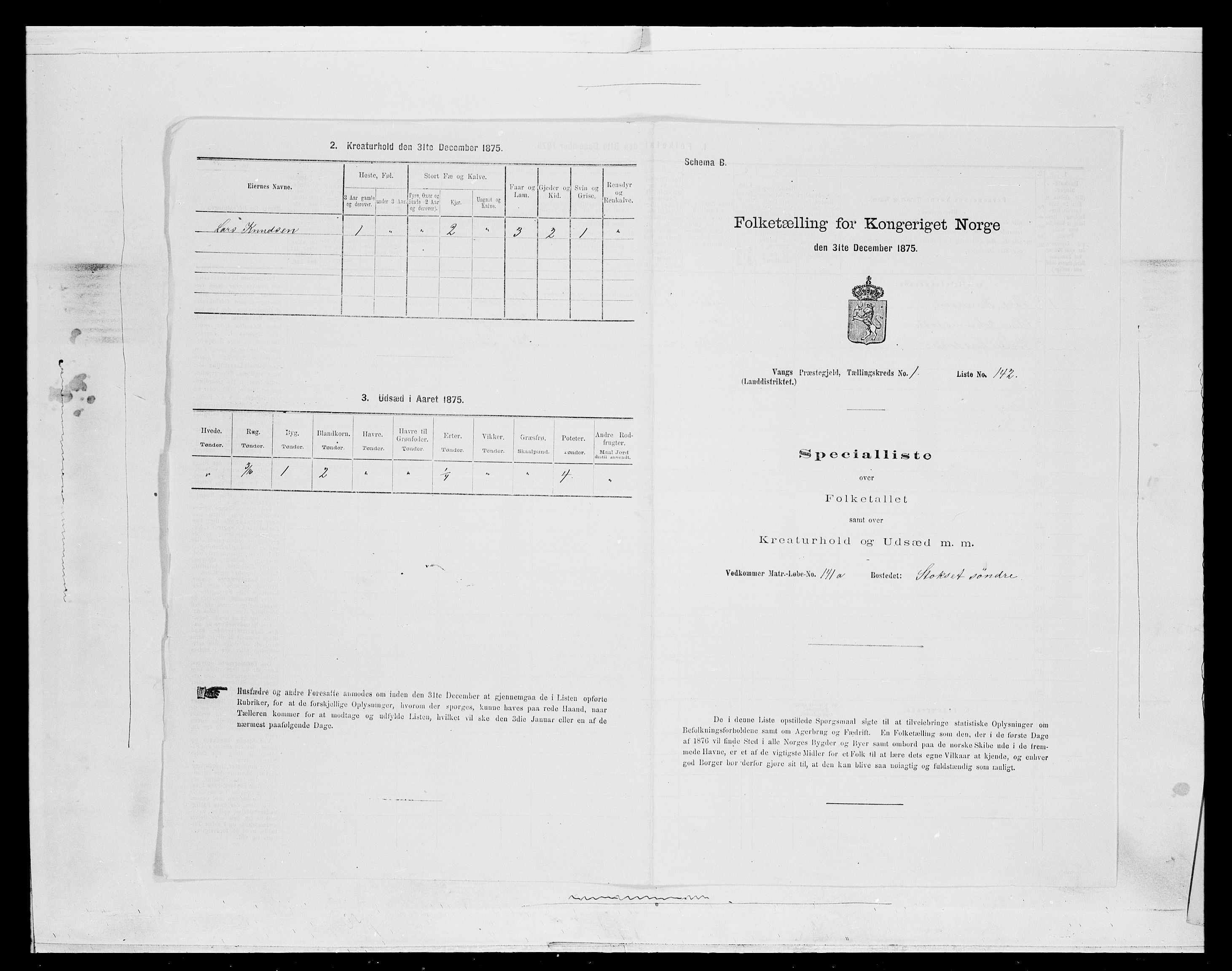 SAH, Folketelling 1875 for 0414L Vang prestegjeld, Vang sokn og Furnes sokn, 1875, s. 448