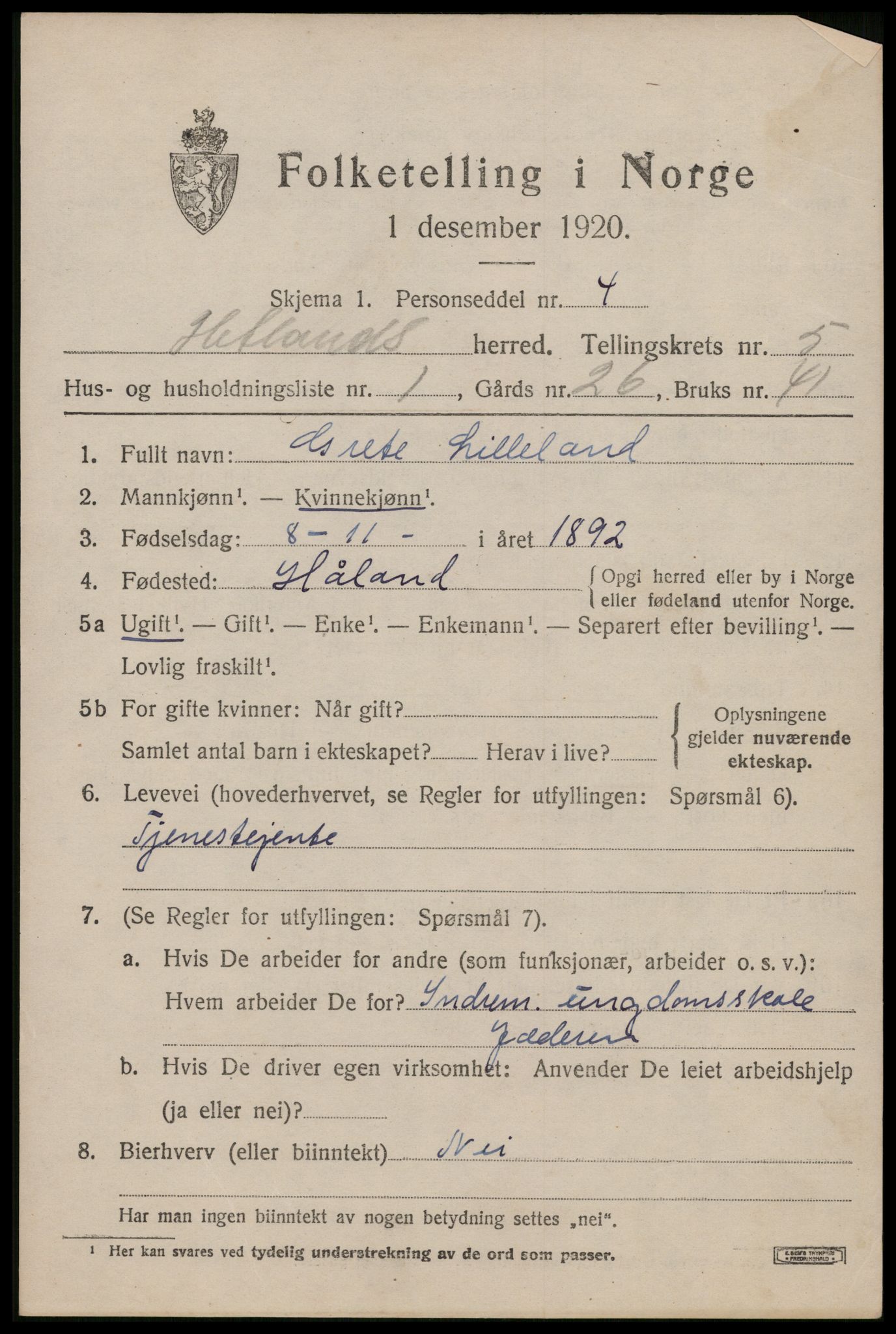 SAST, Folketelling 1920 for 1126 Hetland herred, 1920, s. 8159