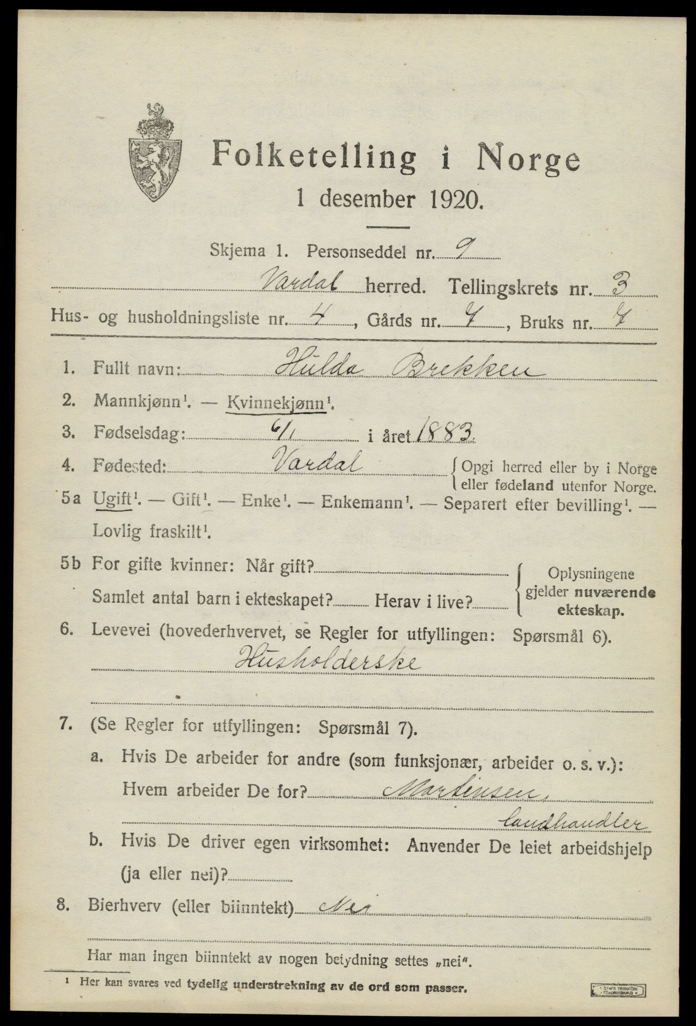 SAH, Folketelling 1920 for 0527 Vardal herred, 1920, s. 2717