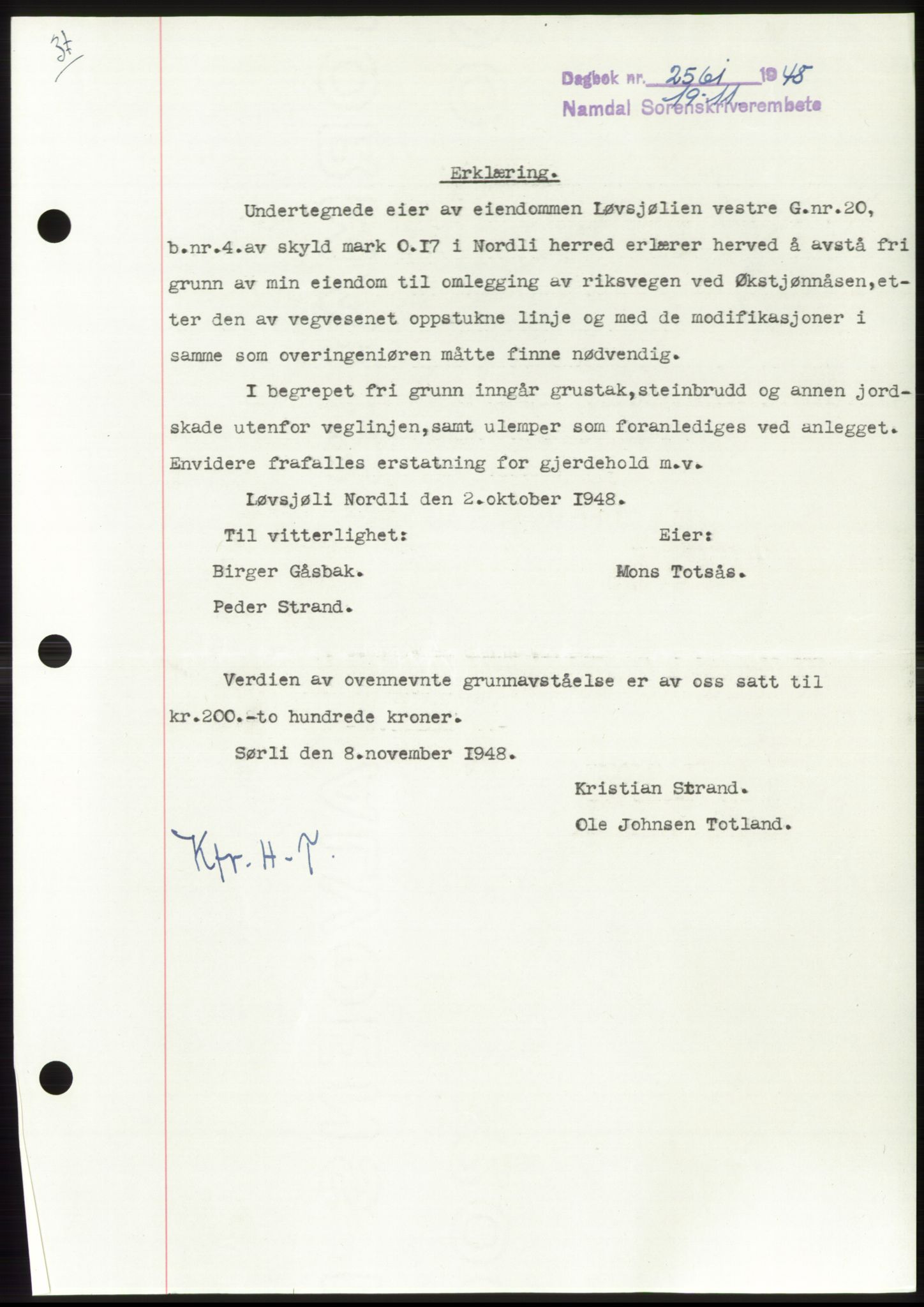 Namdal sorenskriveri, SAT/A-4133/1/2/2C: Pantebok nr. -, 1948-1948, Dagboknr: 2561/1948