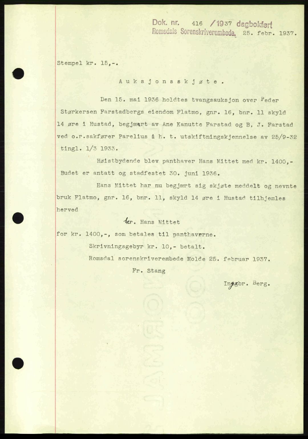 Romsdal sorenskriveri, SAT/A-4149/1/2/2C: Pantebok nr. A2, 1936-1937, Dagboknr: 416/1937