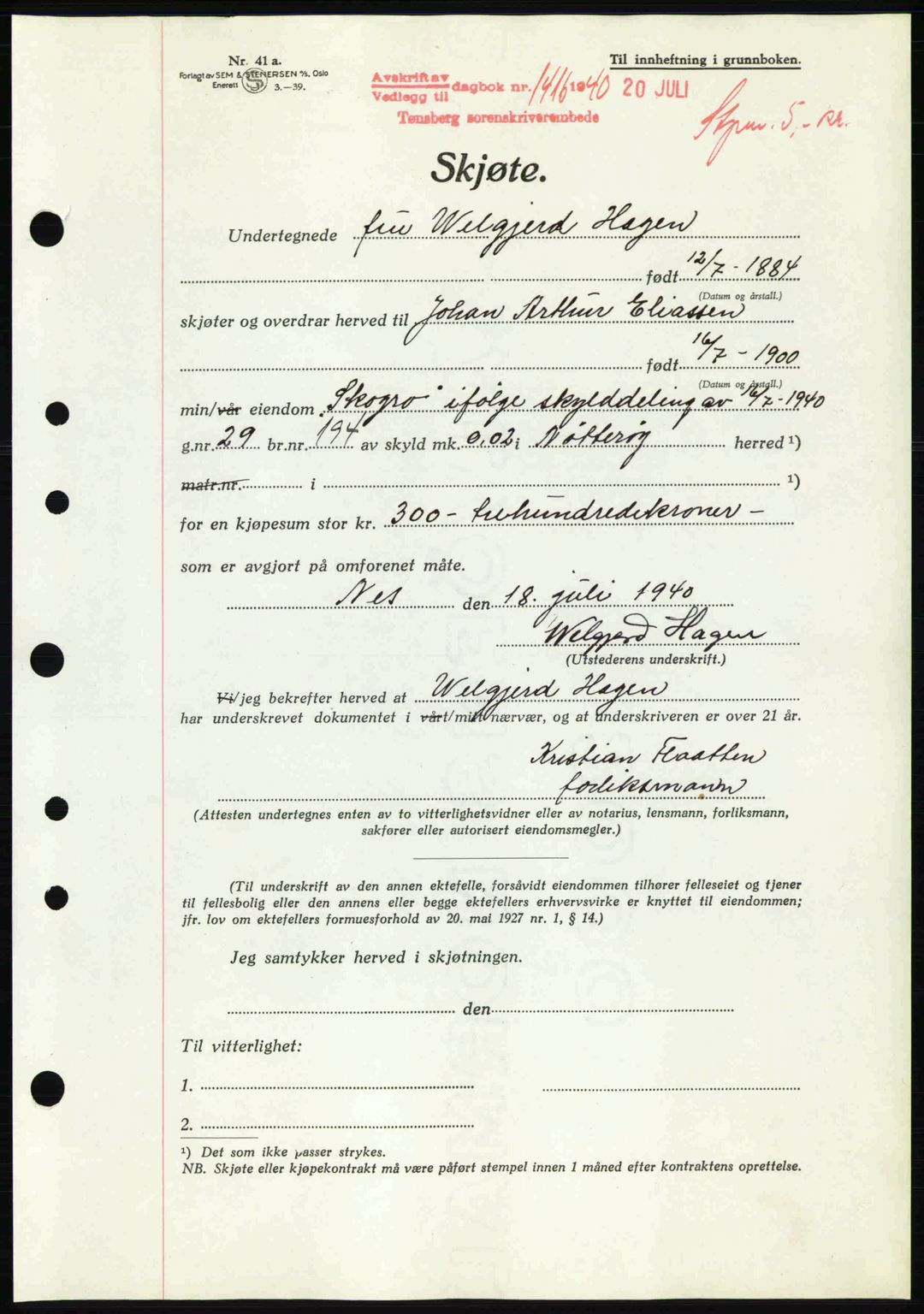 Tønsberg sorenskriveri, AV/SAKO-A-130/G/Ga/Gaa/L0009: Pantebok nr. A9, 1940-1941, Dagboknr: 1416/1940