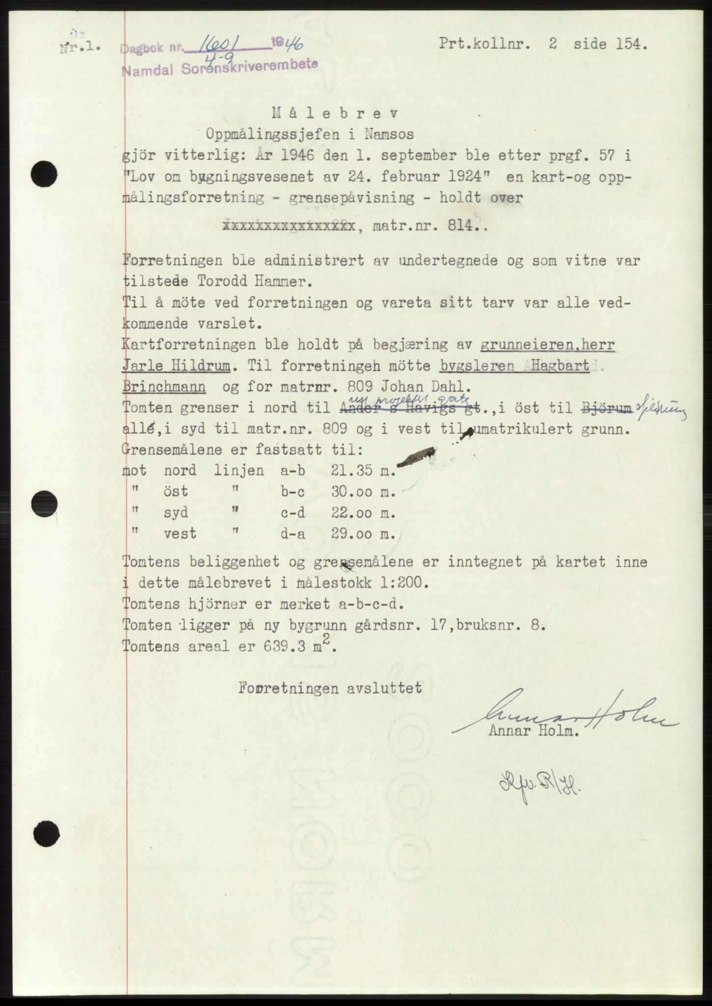 Namdal sorenskriveri, SAT/A-4133/1/2/2C: Pantebok nr. -, 1946-1947, Dagboknr: 1601/1946