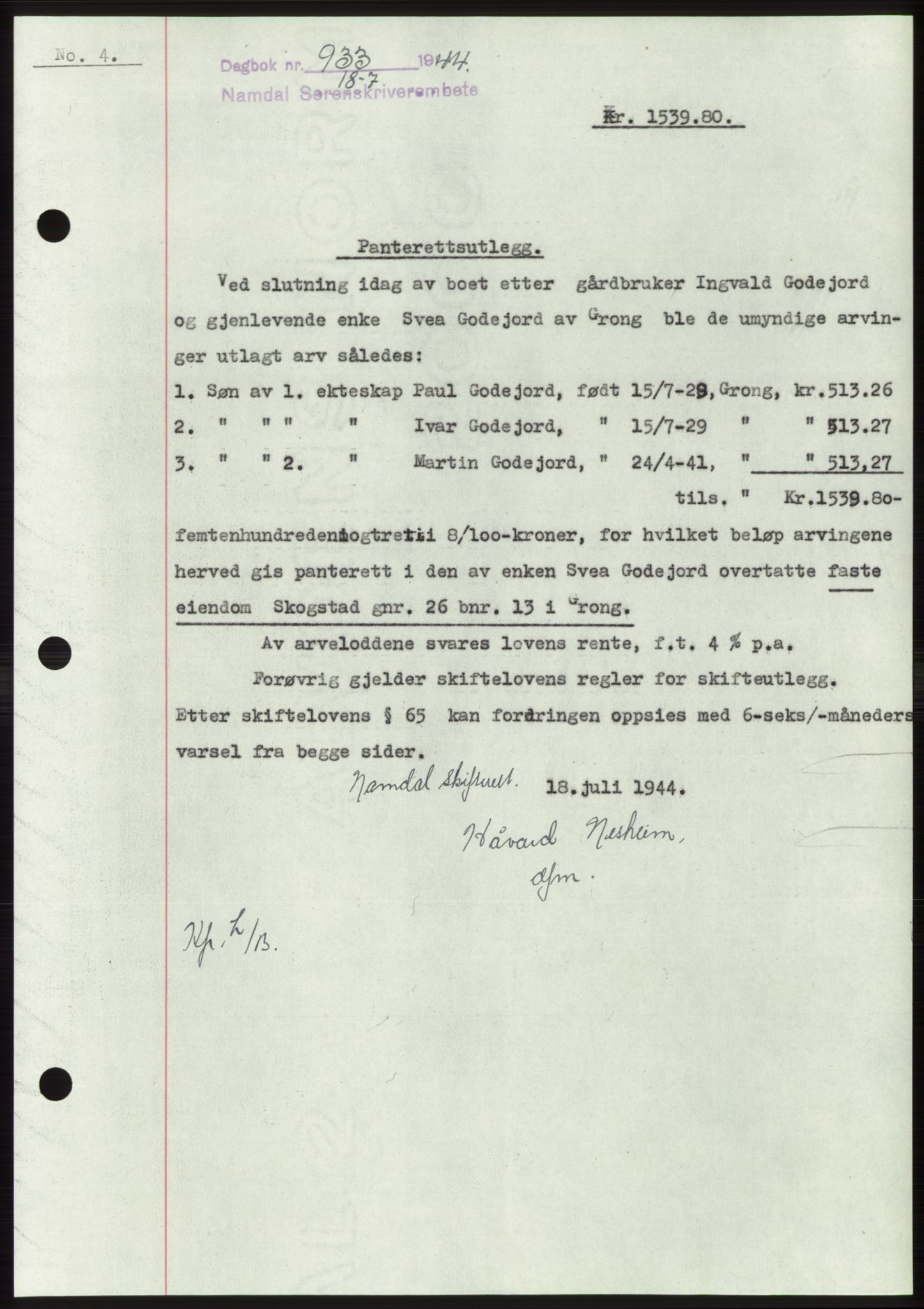 Namdal sorenskriveri, SAT/A-4133/1/2/2C: Pantebok nr. -, 1944-1945, Dagboknr: 933/1944