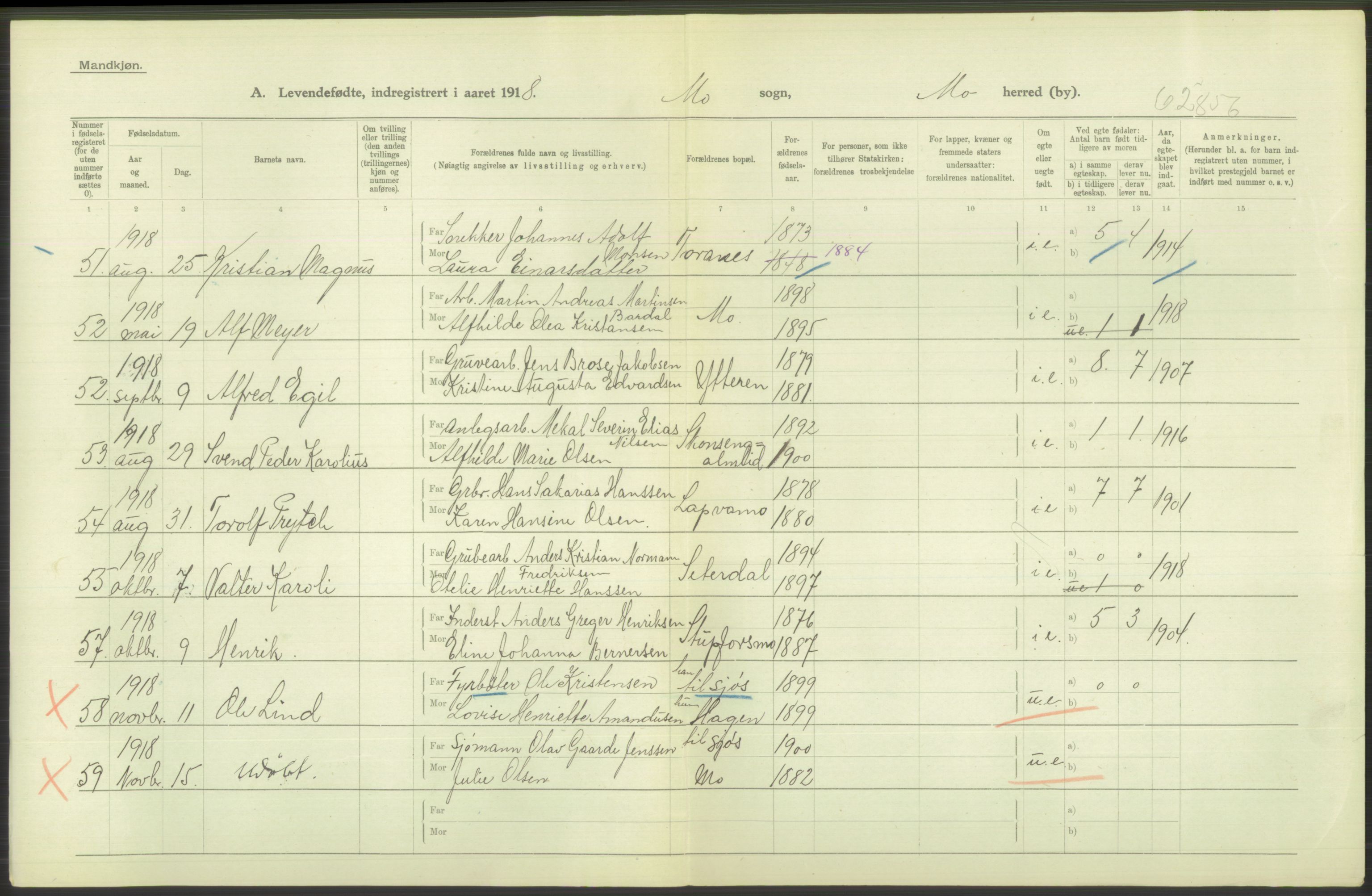 Statistisk sentralbyrå, Sosiodemografiske emner, Befolkning, AV/RA-S-2228/D/Df/Dfb/Dfbh/L0052: Nordland fylke: Levendefødte menn og kvinner. Bygder., 1918, s. 600