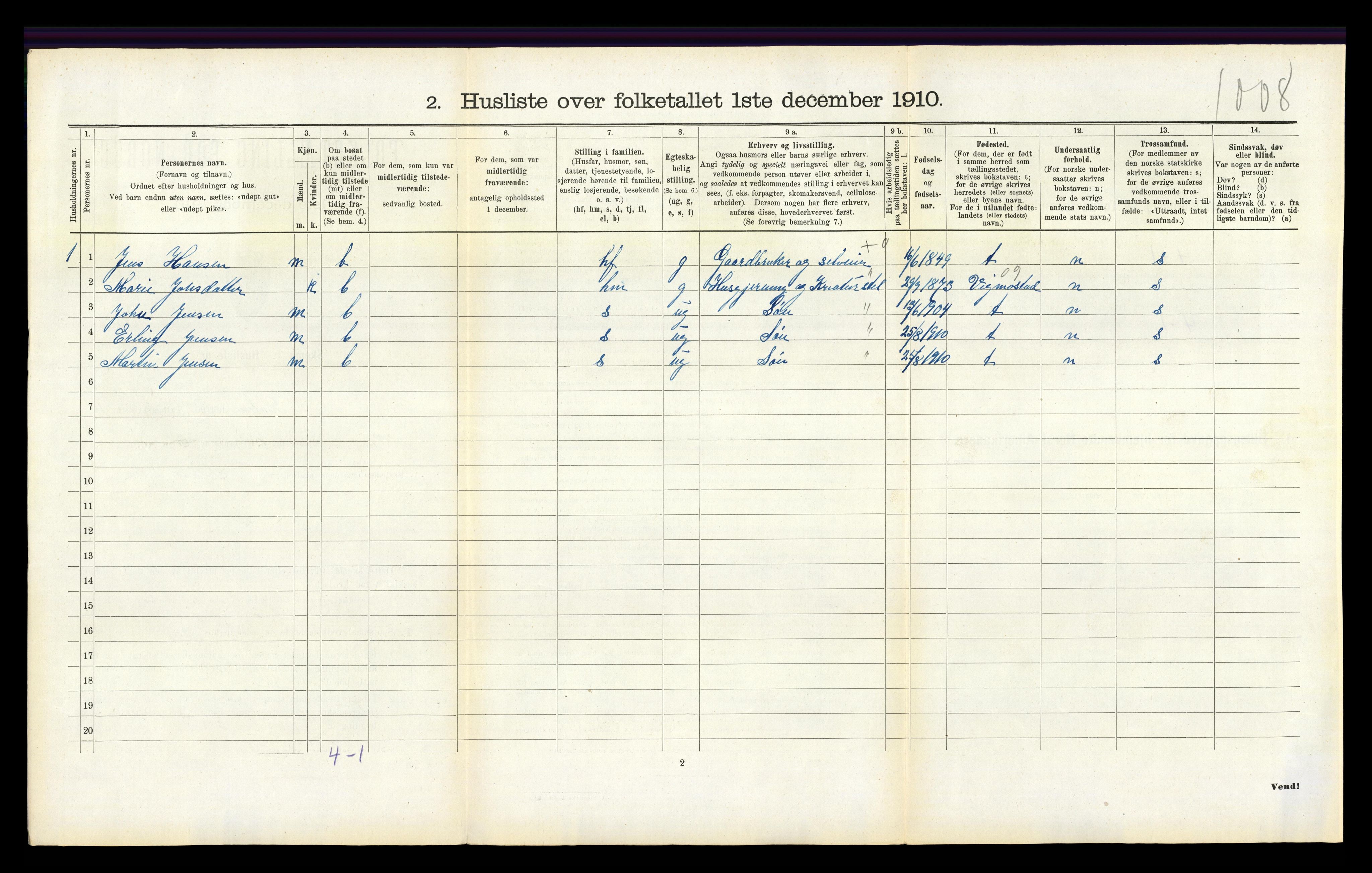 RA, Folketelling 1910 for 1020 Holum herred, 1910, s. 537