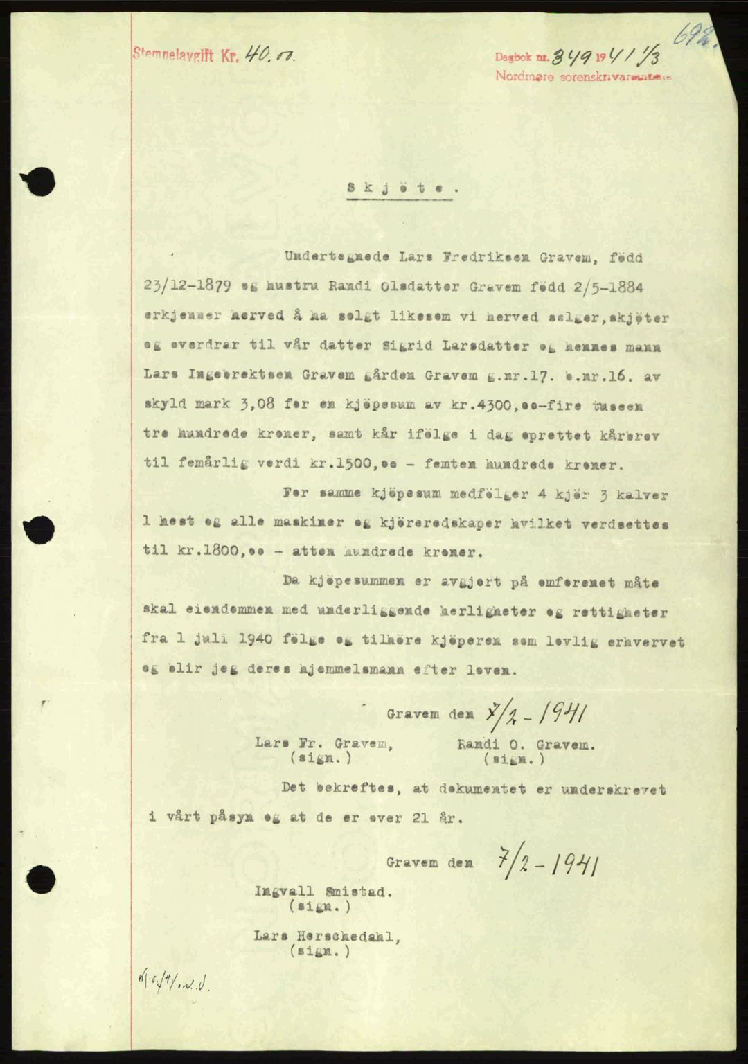 Nordmøre sorenskriveri, SAT/A-4132/1/2/2Ca: Pantebok nr. A89, 1940-1941, Dagboknr: 349/1941
