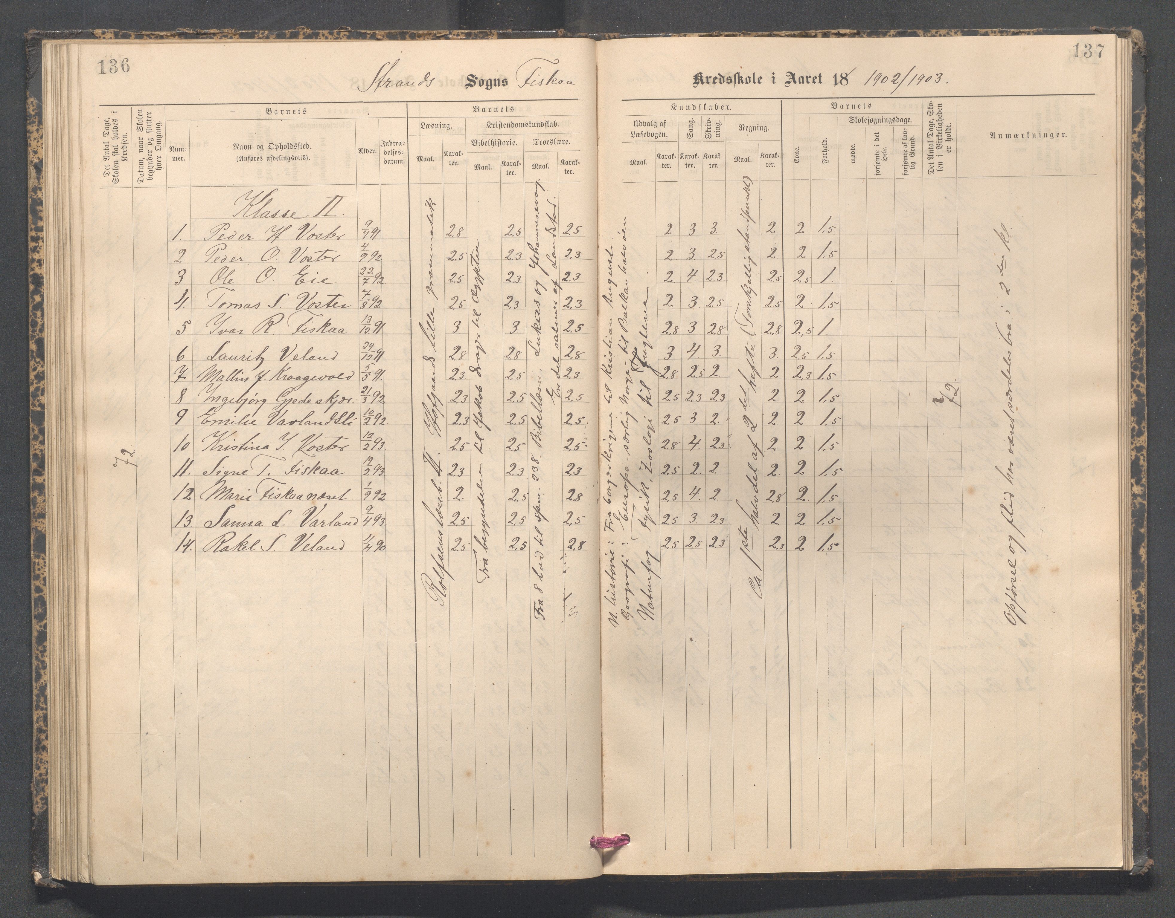 Strand kommune - Fiskå skole, IKAR/A-155/H/L0003: Skoleprotokoll for Fiskå krets, 1892-1903, s. 136-137