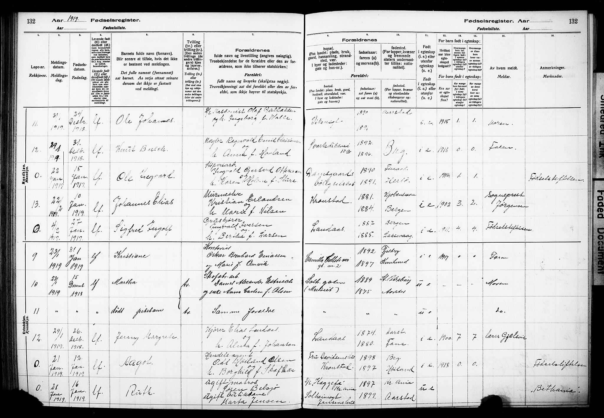 Årstad Sokneprestembete, AV/SAB-A-79301/I/Id/L0A01: Fødselsregister nr. A 1, 1916-1920, s. 132