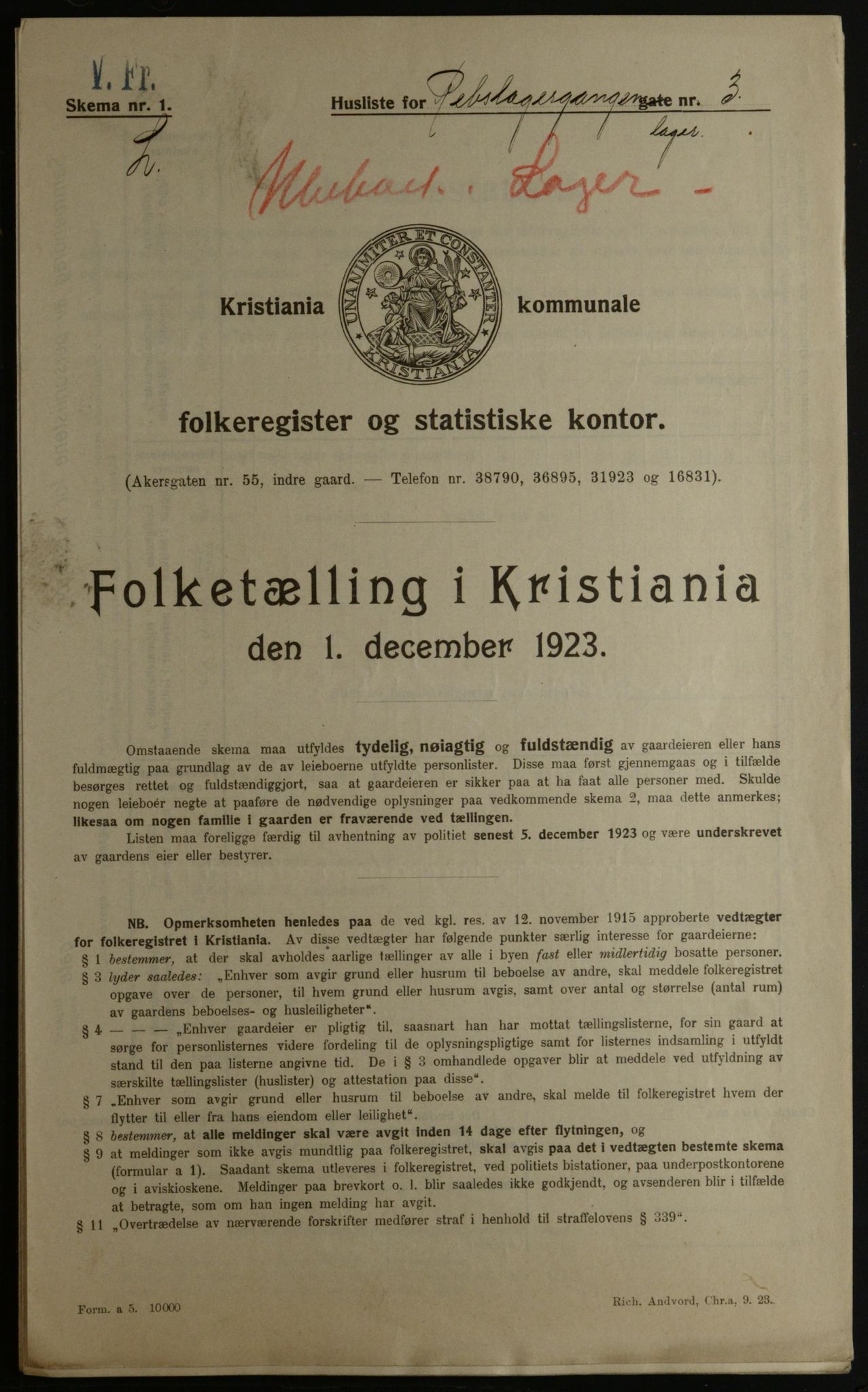 OBA, Kommunal folketelling 1.12.1923 for Kristiania, 1923, s. 91517