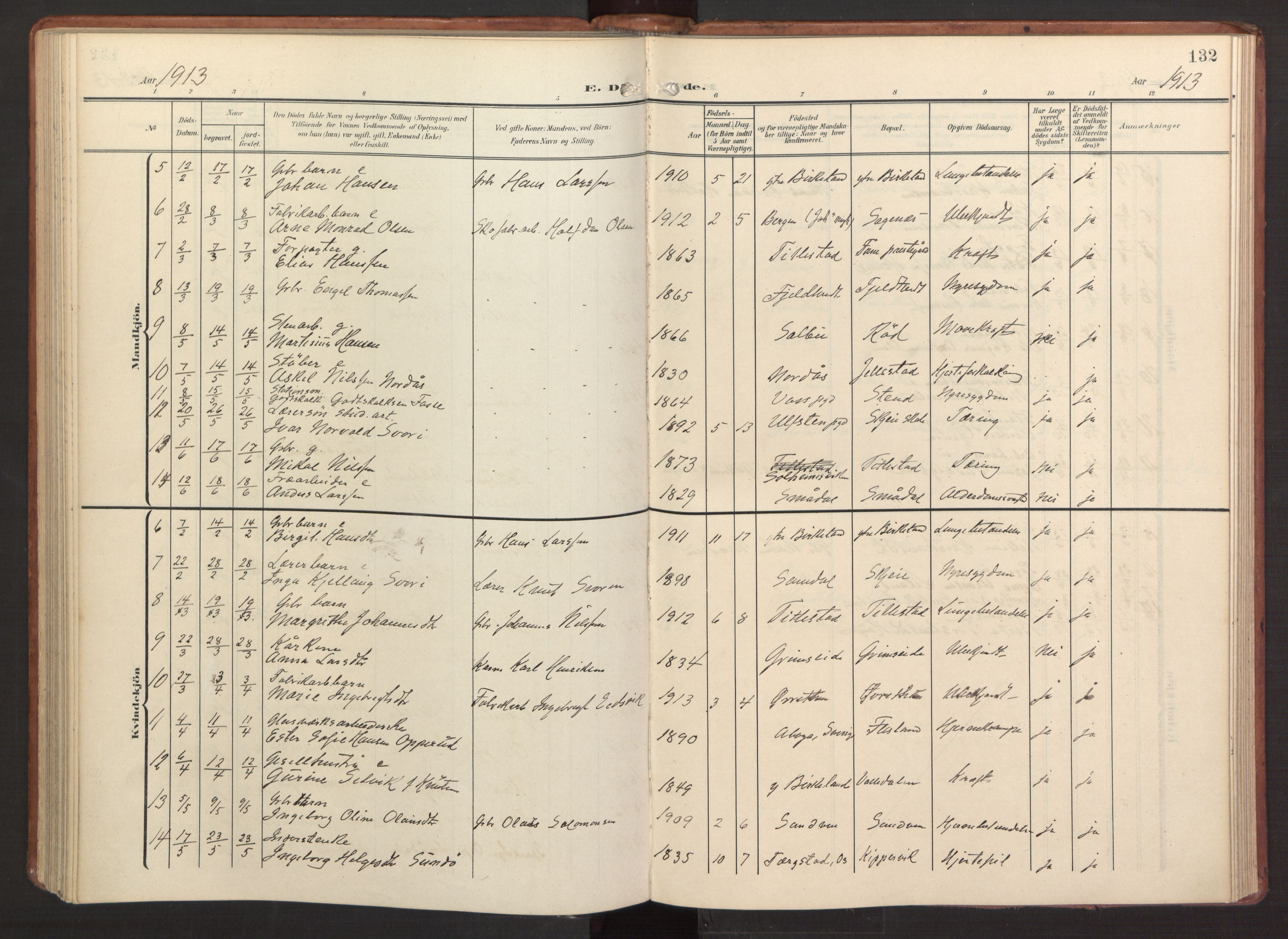 Fana Sokneprestembete, AV/SAB-A-75101/H/Haa/Haab/L0004: Ministerialbok nr. B 4, 1908-1915, s. 132